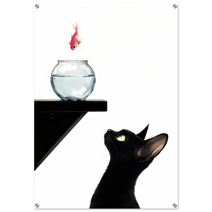 Curious Black Cat Goldfish Minimalist Art Print 70x100 cm 28x40″ Sleek Acrylic Print