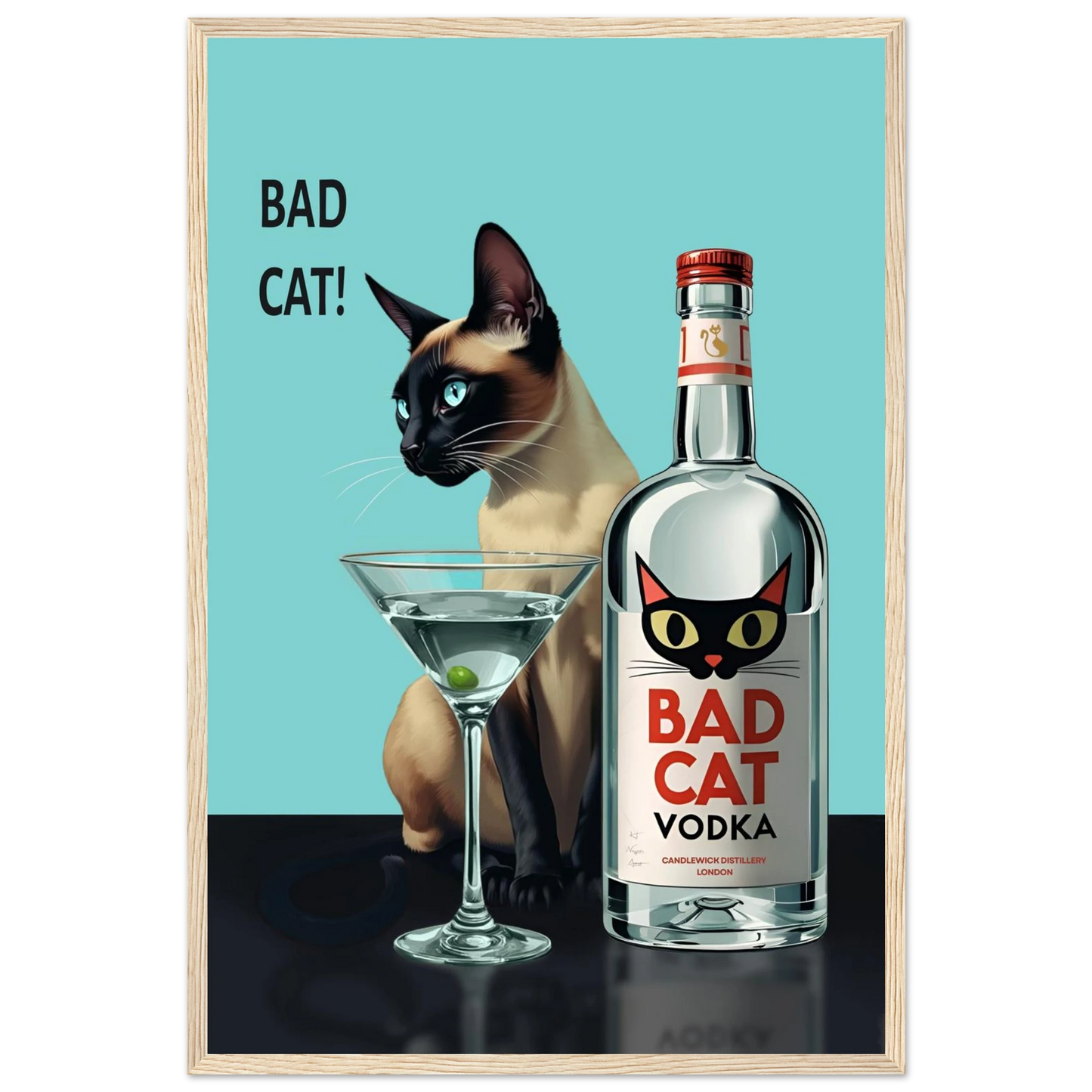 Siamese Cat Retro Martini Cocktail Bar Art Print Light Wood Frame 40x60 cm 16x24″ Premium Matte Paper Wooden Framed Poster