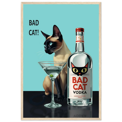 Siamese Cat Retro Martini Cocktail Bar Art Print Light Wood Frame 40x60 cm 16x24″ Premium Matte Paper Wooden Framed Poster