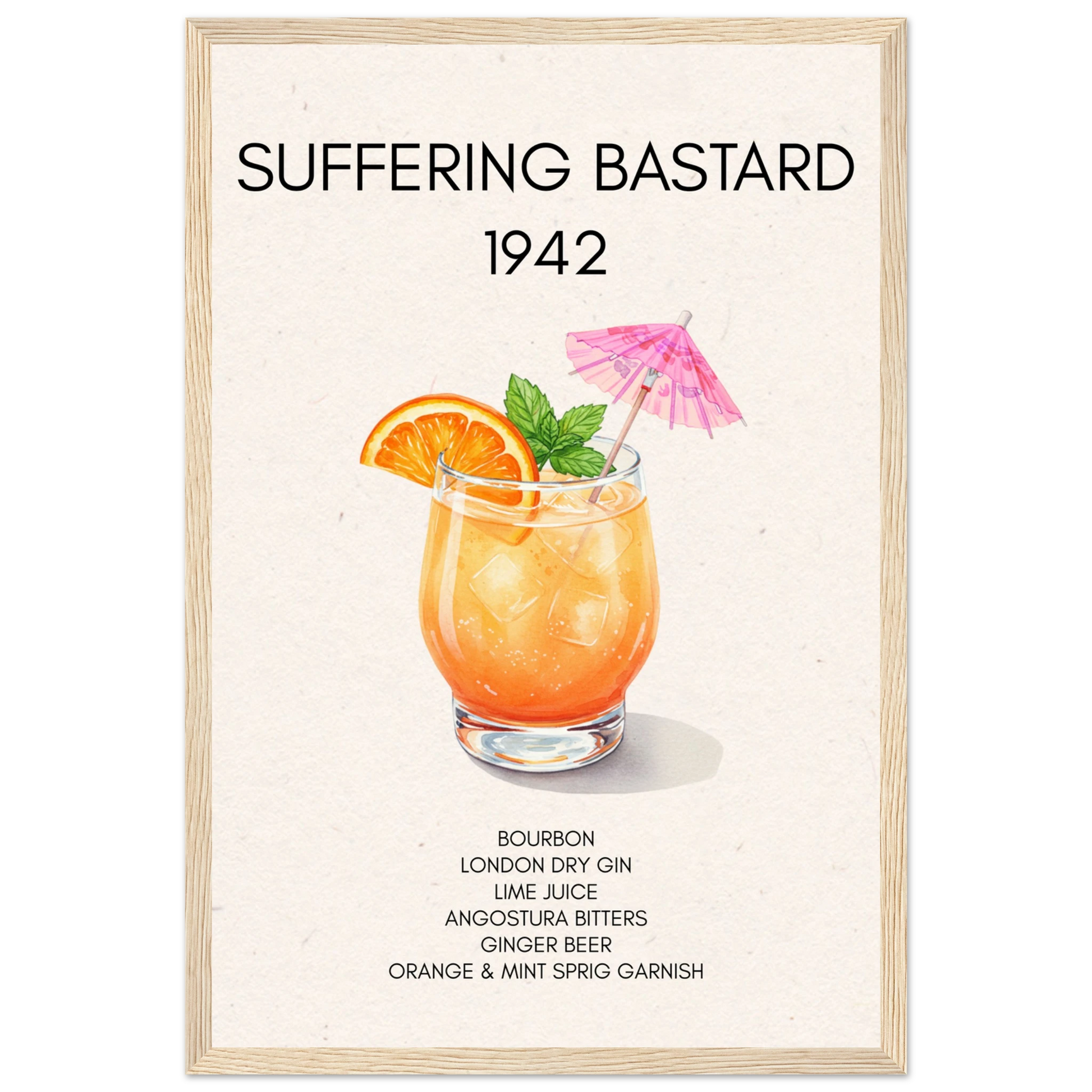 Suffering Bastard Tiki Cocktail Bar Poster Print Light Wood Frame 30x45 cm 12x18″ Classic Matte Paper Wooden Framed Poster