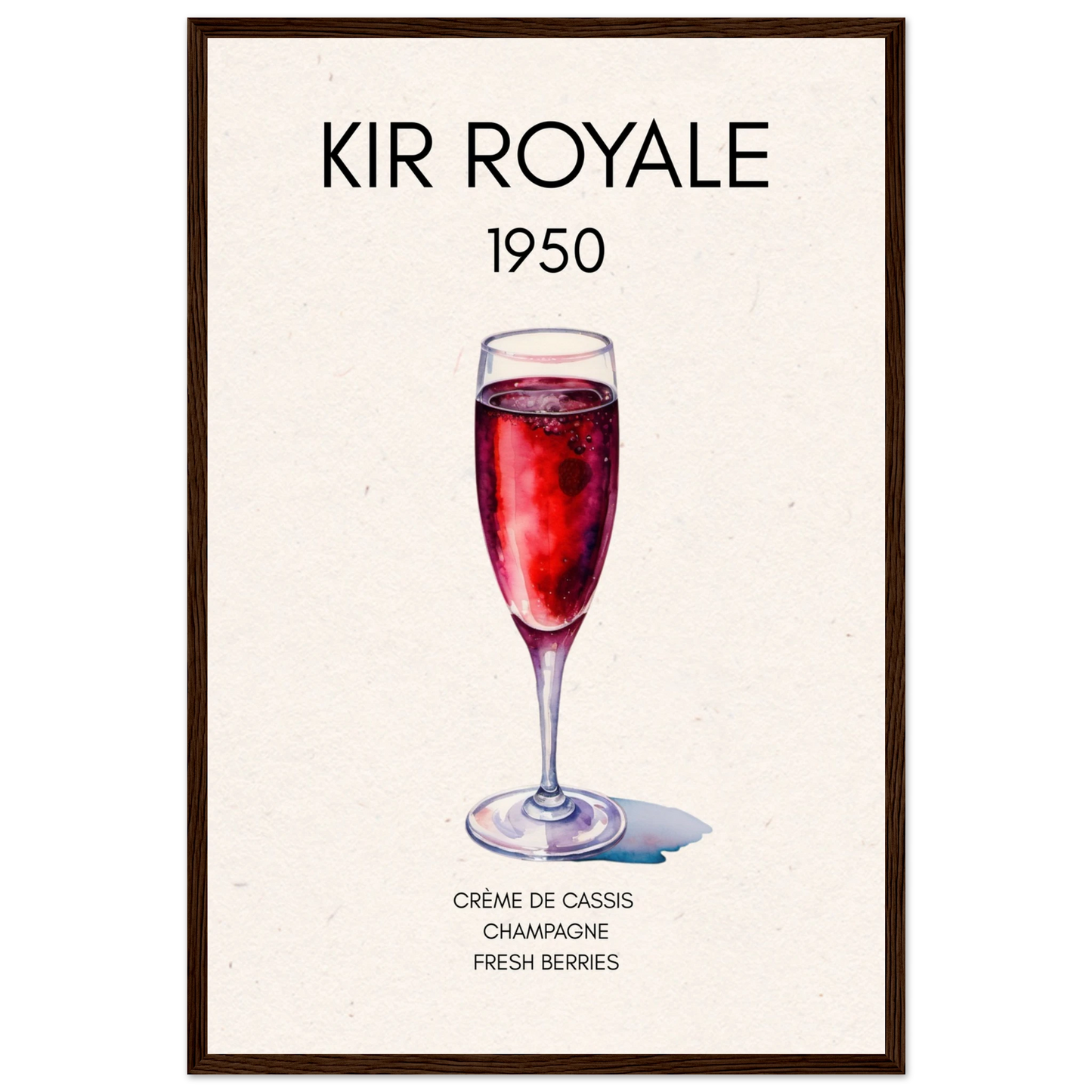 Kir Royale Champagne Cocktail Bar Poster Print Dark Brown Wood Frame 40x60 cm 16x24″ Premium Matte Paper Wooden Framed Poster