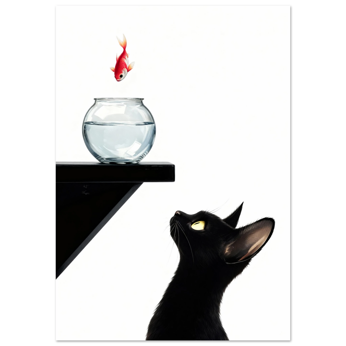 Curious Black Cat Goldfish Minimalist Art Print 70x100 cm 28x40″ Premium Matte Poster