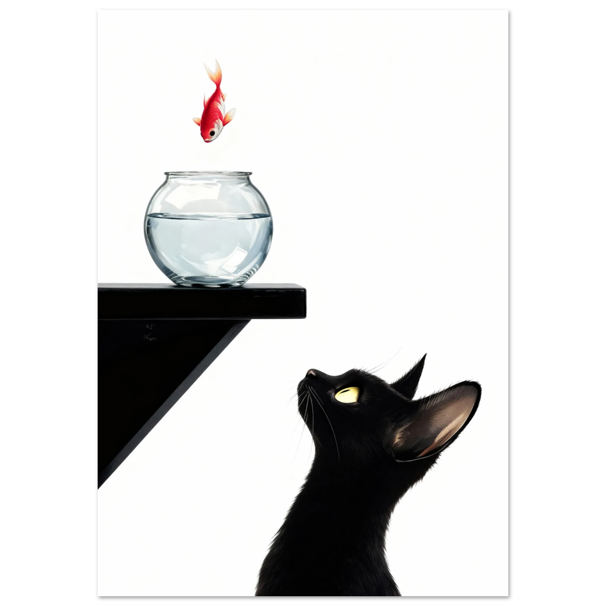 Curious Black Cat Goldfish Minimalist Art Print 70x100 cm 28x40″ Premium Matte Poster
