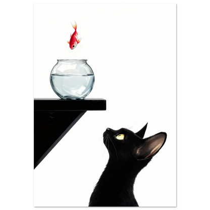Curious Black Cat Goldfish Minimalist Art Print 70x100 cm 28x40″ Premium Matte Poster