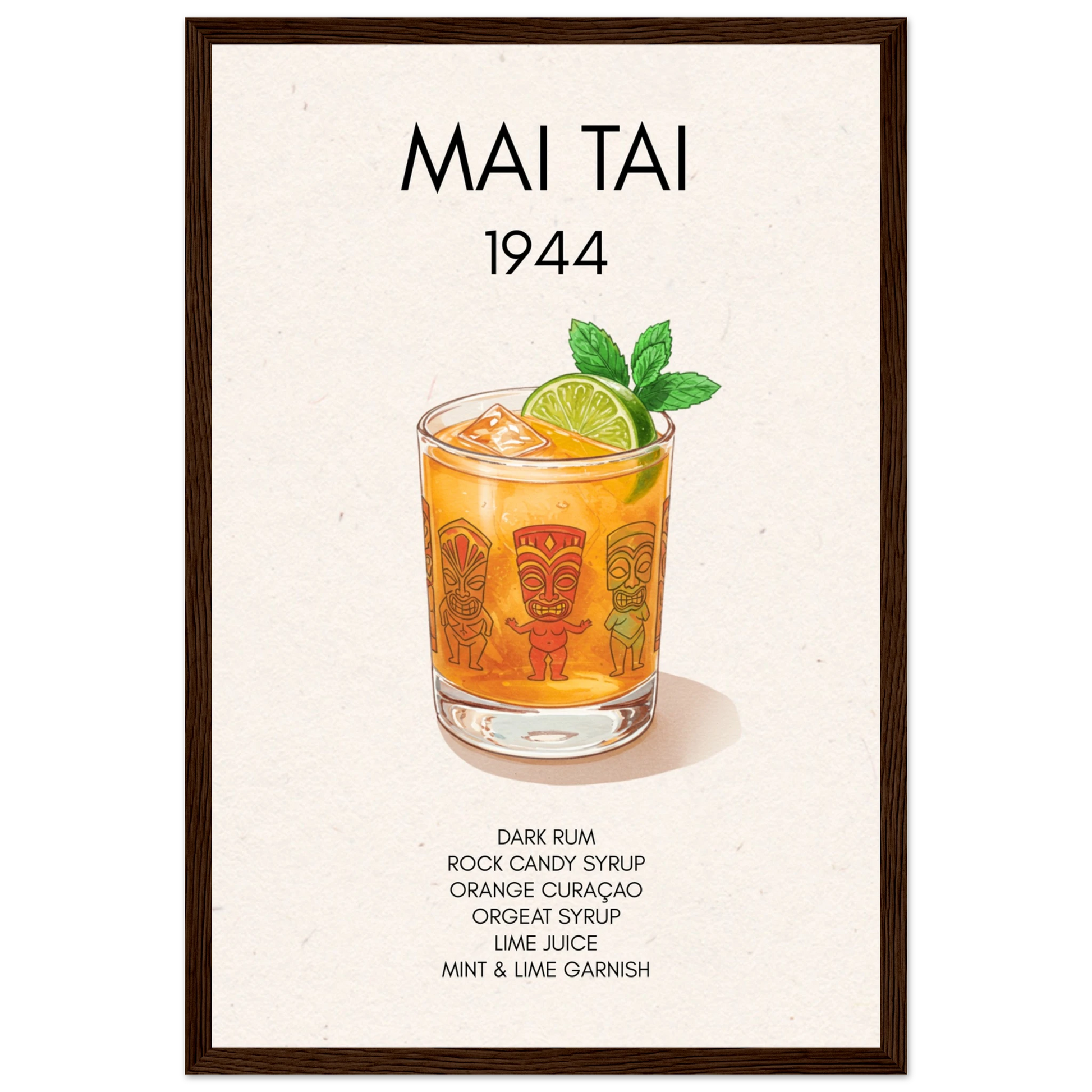 Mai Tai Tropical Cocktail Bar Poster Print Dark Brown Wood Frame 30x45 cm 12x18″ Premium Matte Paper Wooden Framed Poster