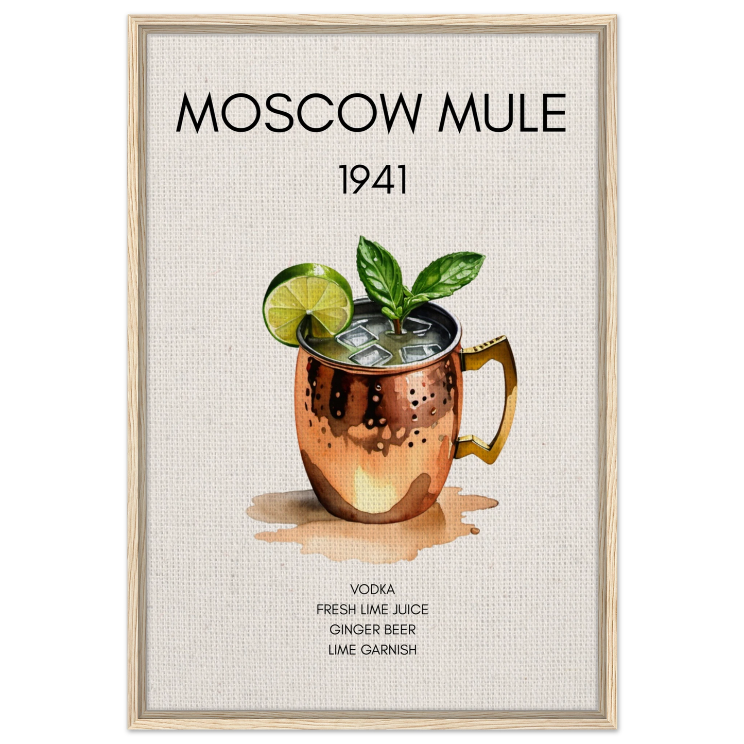Moscow Mule Cocktail Bar Poster Print Light Wood Frame 60x90 cm 24x36″ Framed Canvas