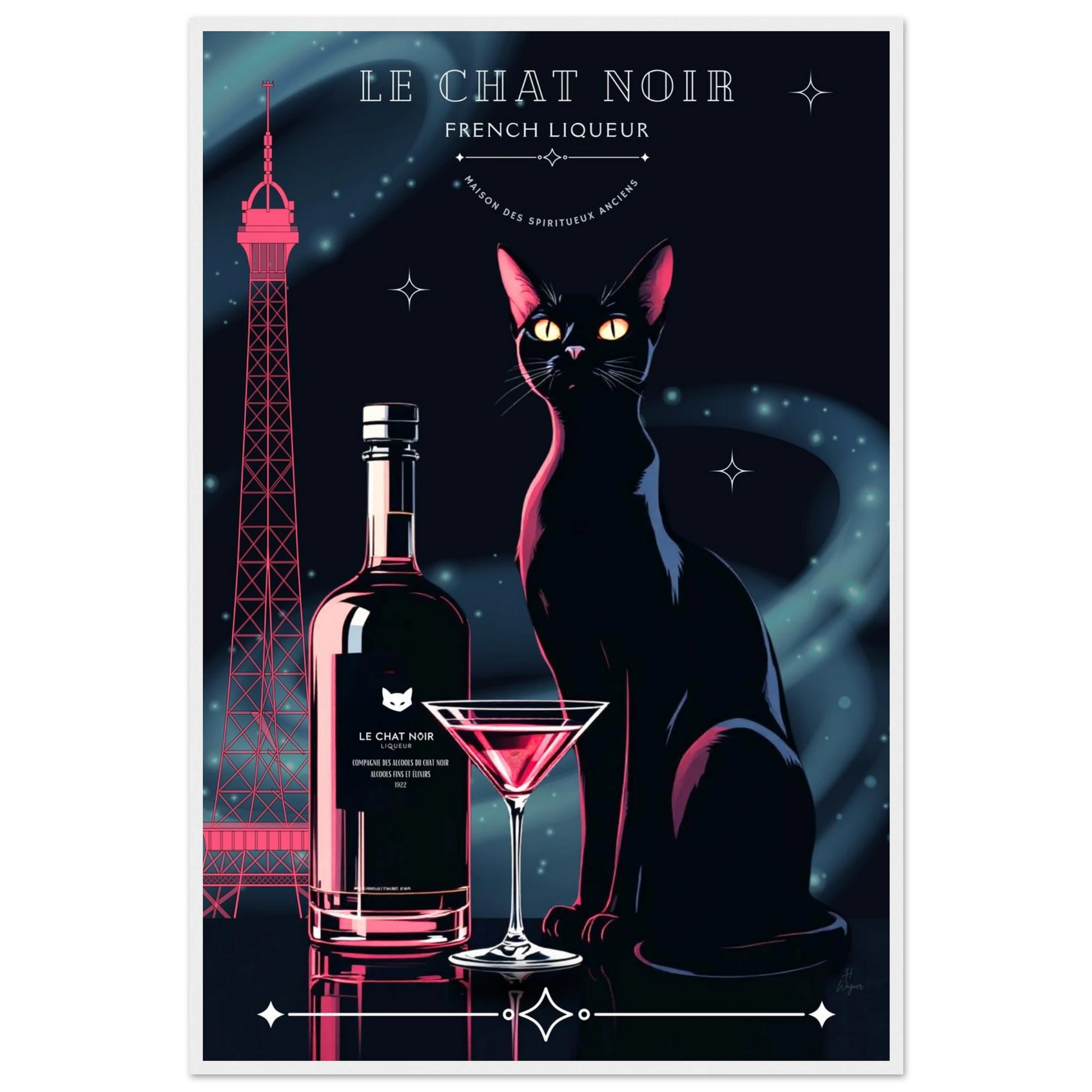 Art Deco Le Chat Noir French Black Cat Art Print 60x90 cm 24x36″ Classic Matte Paper Wooden Framed Poster White frame