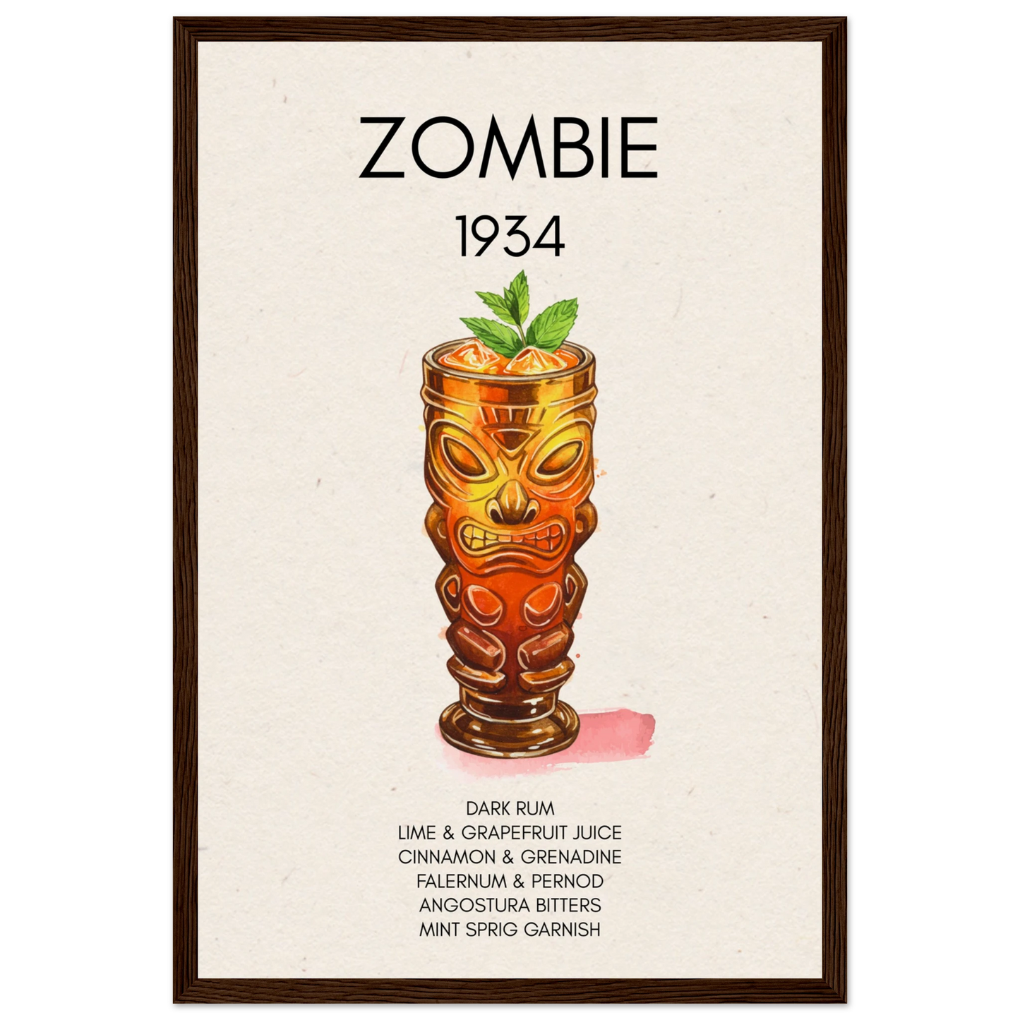 Zombie Tiki Cocktail Bar Poster Print Dark Brown Wood Frame 30x45 cm 12x18″ Museum-Quality Matte Paper Wooden Framed Poster
