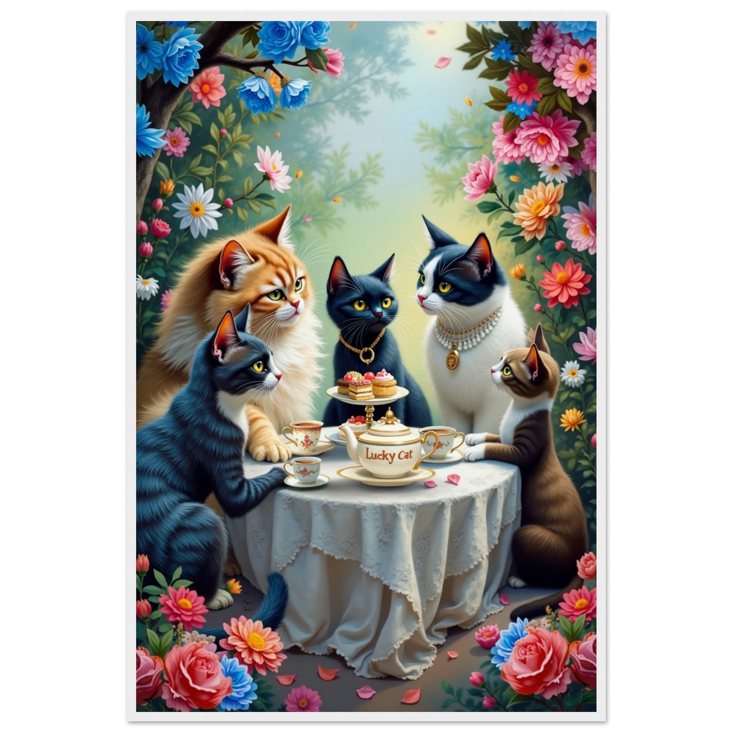 Lucky Cat Garden Tea Party Kitchen Art Print White Wood Frame 60x90 cm 24x36″ Museum-Quality Matte Paper Wooden Framed Poster
