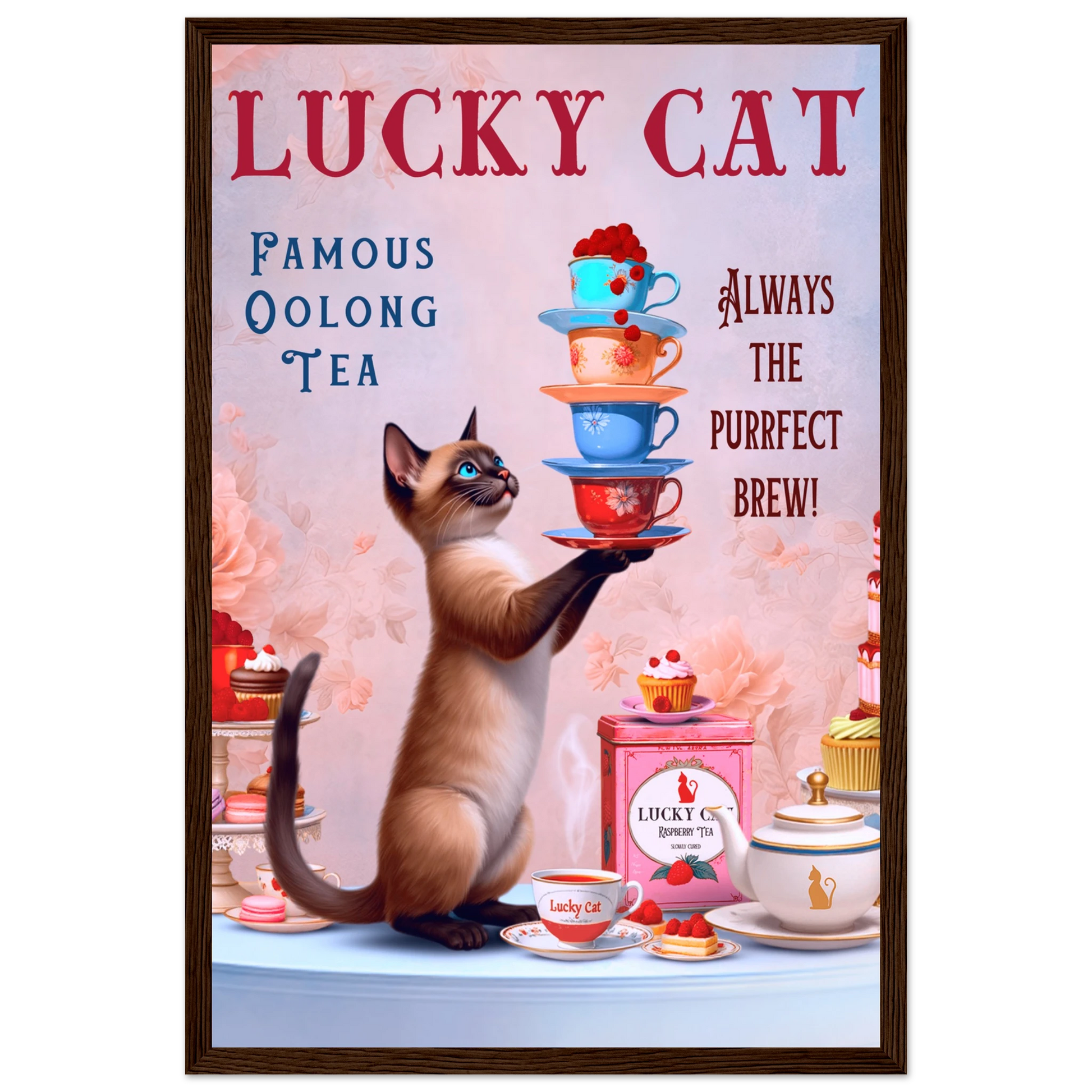 Siamese Lucky Cat Vintage Tea Art Print 30x45 cm 12x18″ Premium Matte Paper Wooden Framed Poster Dark Brown Wood Frame