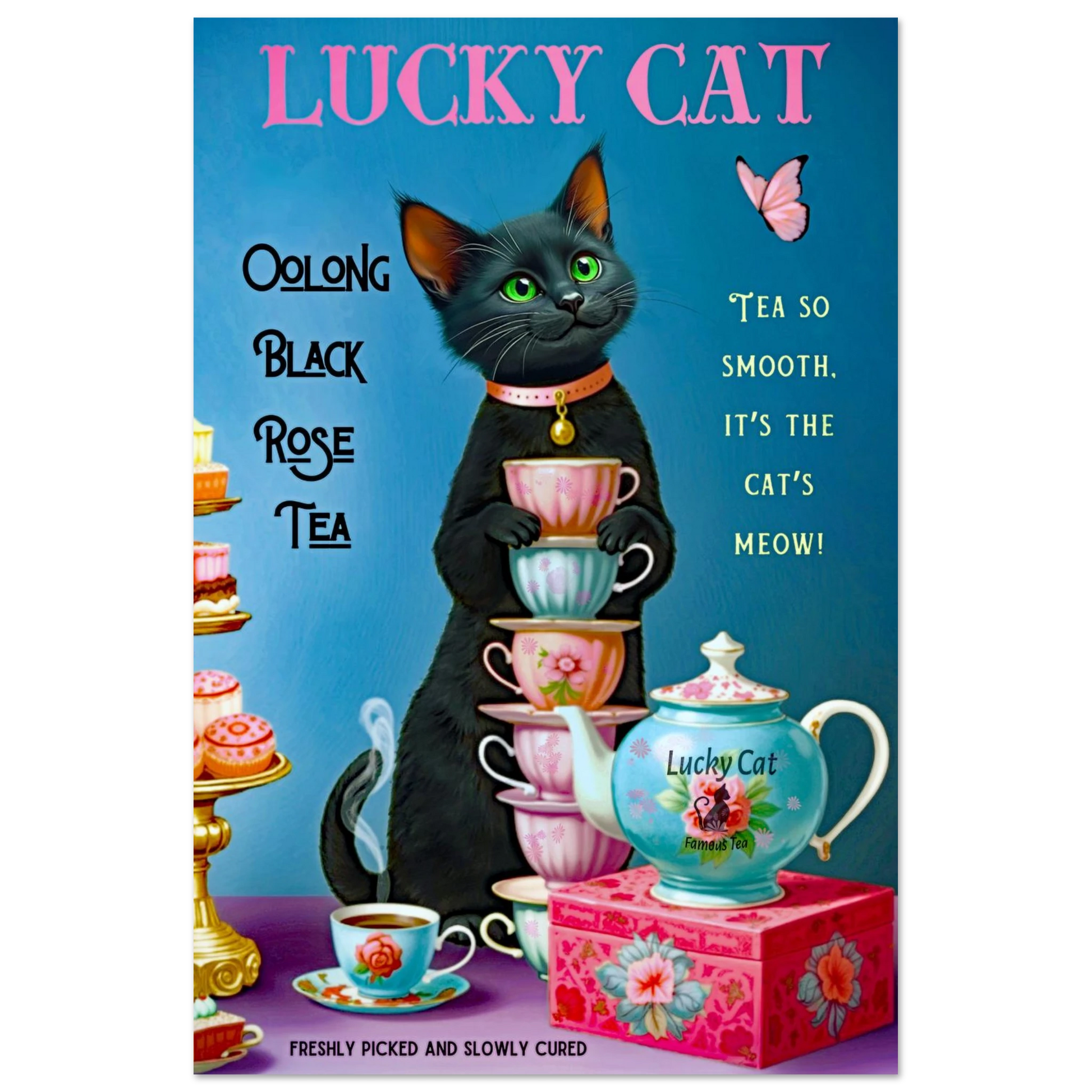 Lucky Cat Vintage Oolong Tea Art Print 40x60 cm 16x24″ Classic Matte Paper Poster No Frame