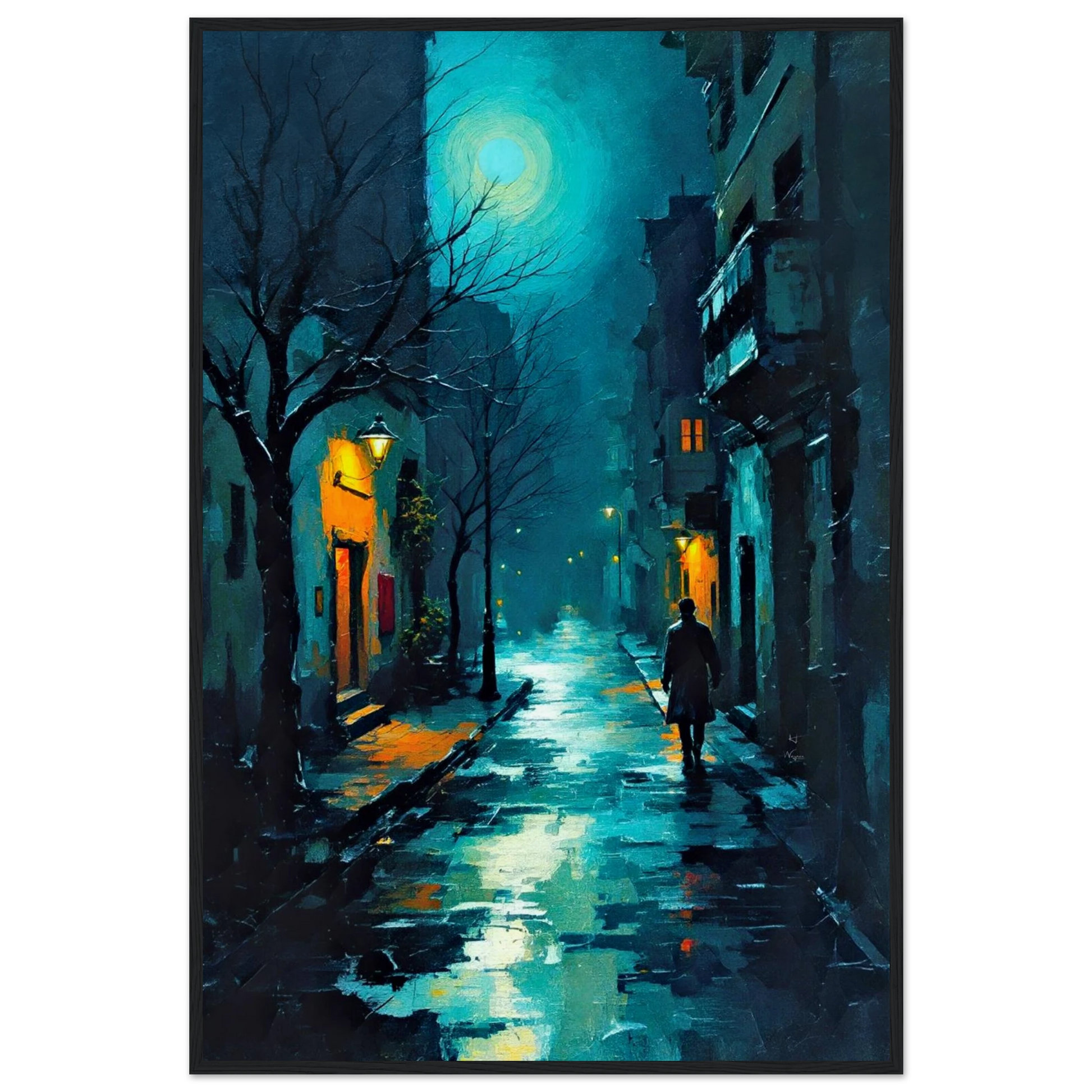 Blue Moon Night Street Scene Art Print 60x90 cm 24x36″ Museum-Quality Matte Framed Poster Black Wood Frame