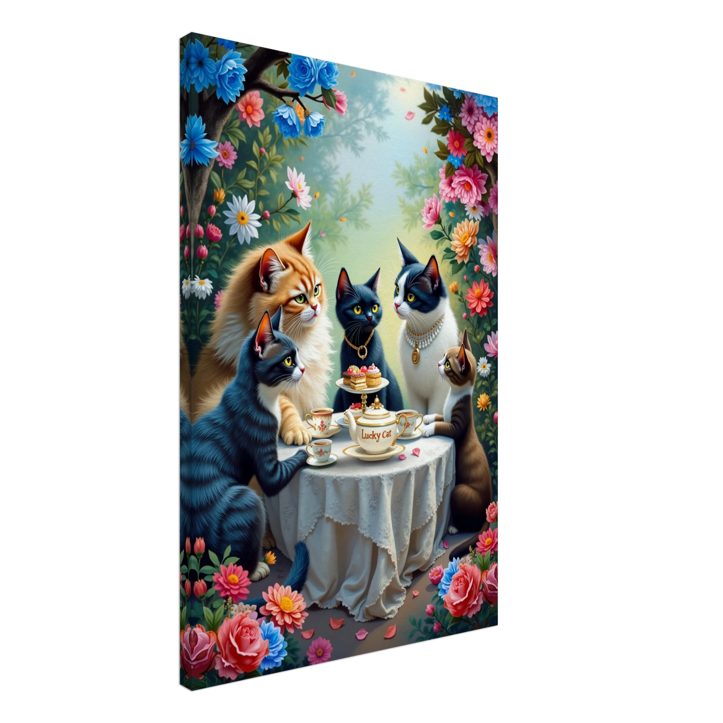 Lucky Cat Tea Party Botanical Art Print 60x90 cm 24x36″ Gallery Wrapped Canvas No Frame