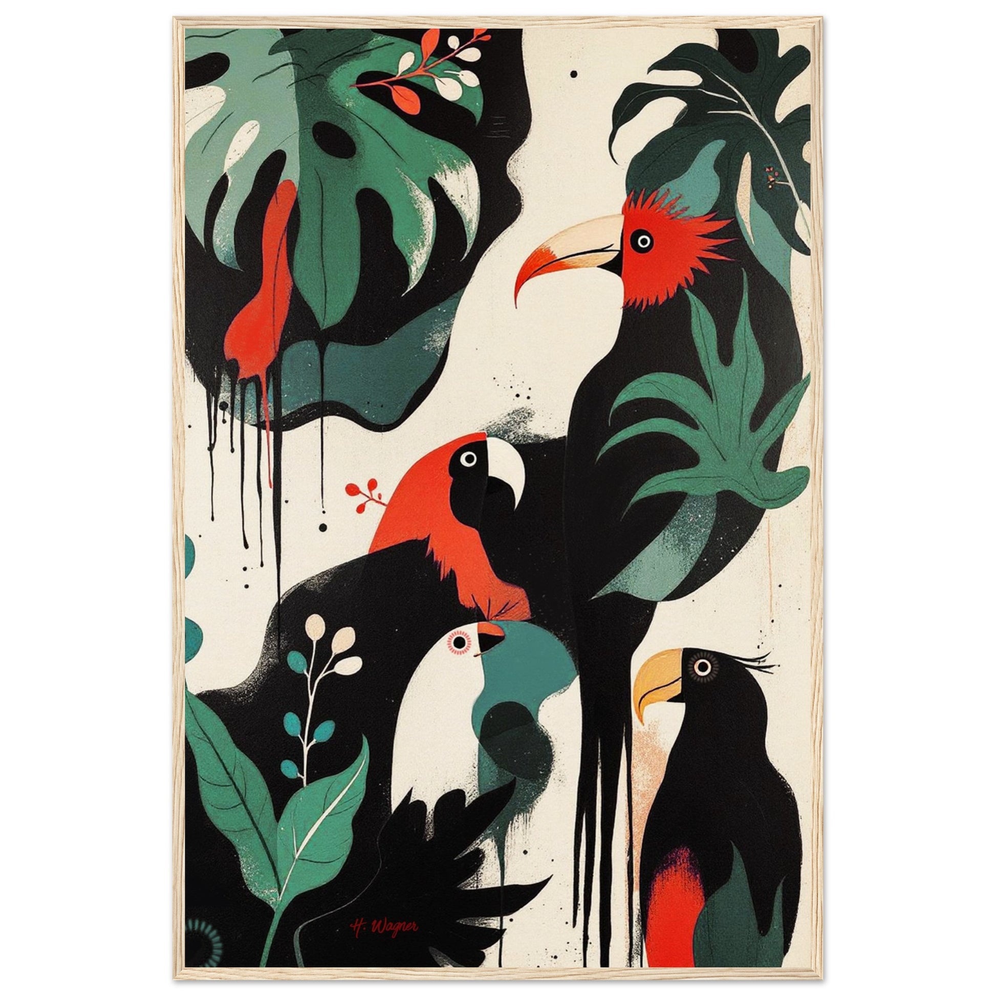 Mid-Century Modern Exotic Bird Art Poster Print - Framed Tropical Parrot Wall Décor Light Wood Frame 60x90 cm 24x36″ Museum-Quality Matte Wooden Framed Poster