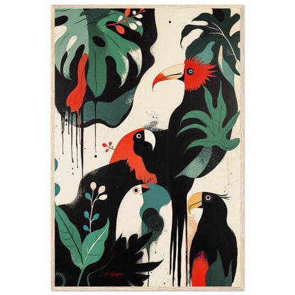 Mid-Century Modern Exotic Bird Art Poster Print - Framed Tropical Parrot Wall Décor Light Wood Frame 60x90 cm 24x36″ Museum-Quality Matte Wooden Framed Poster