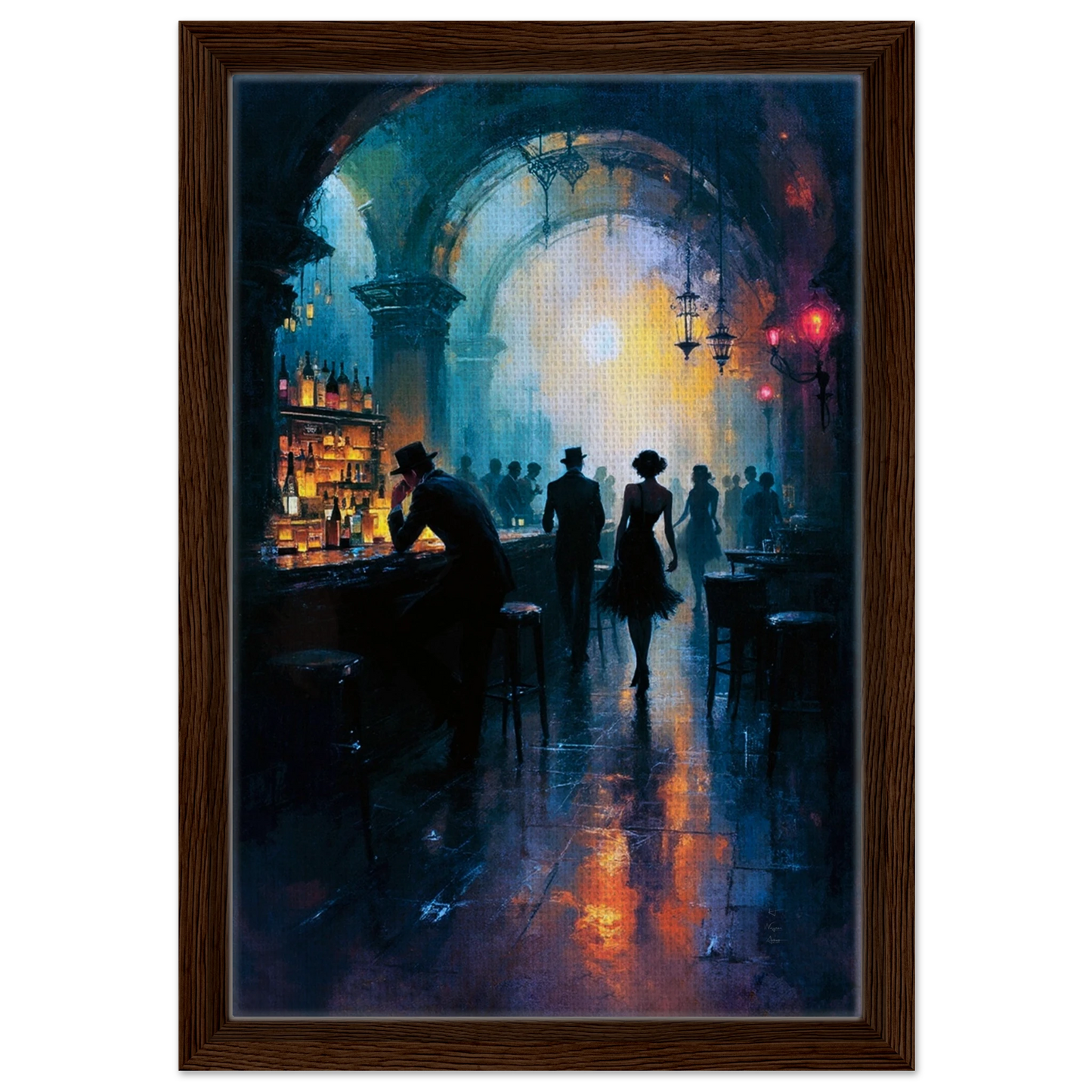 Dance Hall Speakeasy Art Print 30x45 cm 12x18″ Framed Canvas Dark Brown Wood Frame