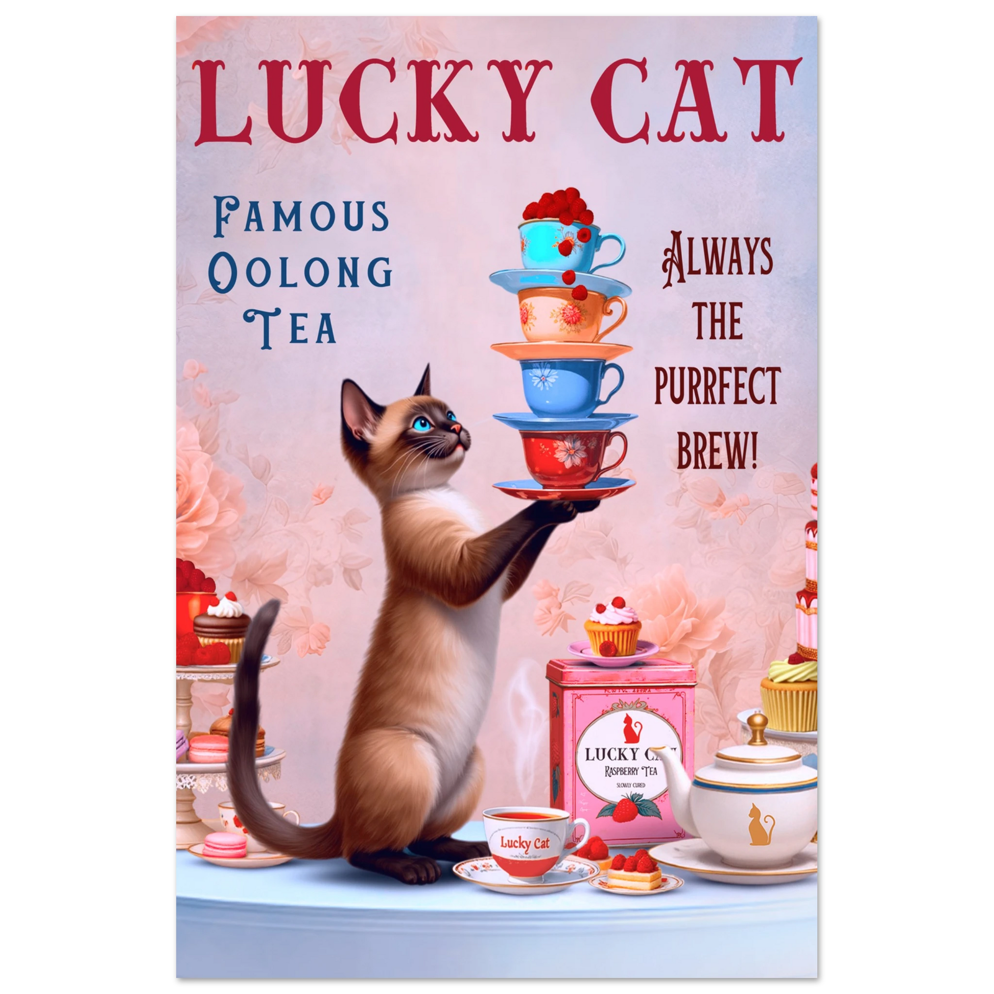 Siamese Lucky Cat Vintage Tea Art Print 30x45 cm 12x18″ Premium Matte Paper Poster No Frame