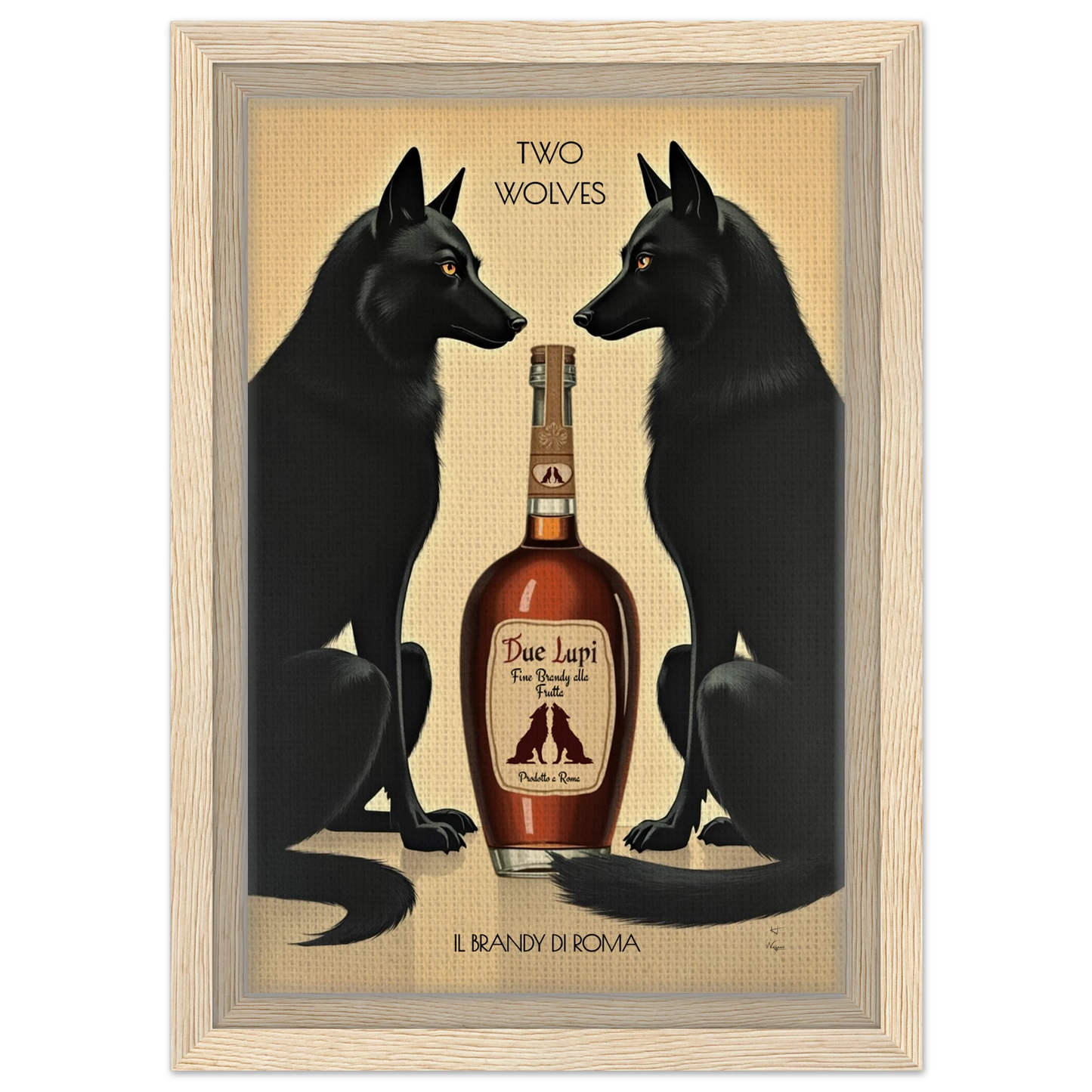Two Wolves Italian Cocktail Bar Art Print 20x30 cm 8x12″ Framed Canvas Light Wood Frame