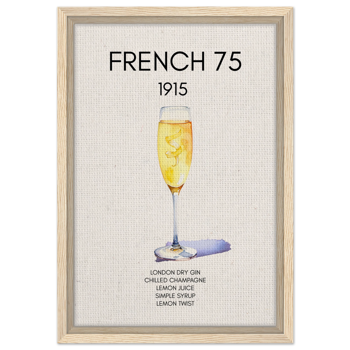 French 75 Cocktail Art Print Light Wood Frame 30x45 cm 12x18″ Framed Canvas