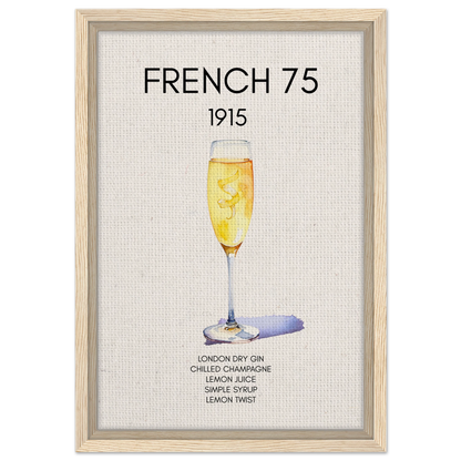 French 75 Cocktail Art Print Light Wood Frame 30x45 cm 12x18″ Framed Canvas