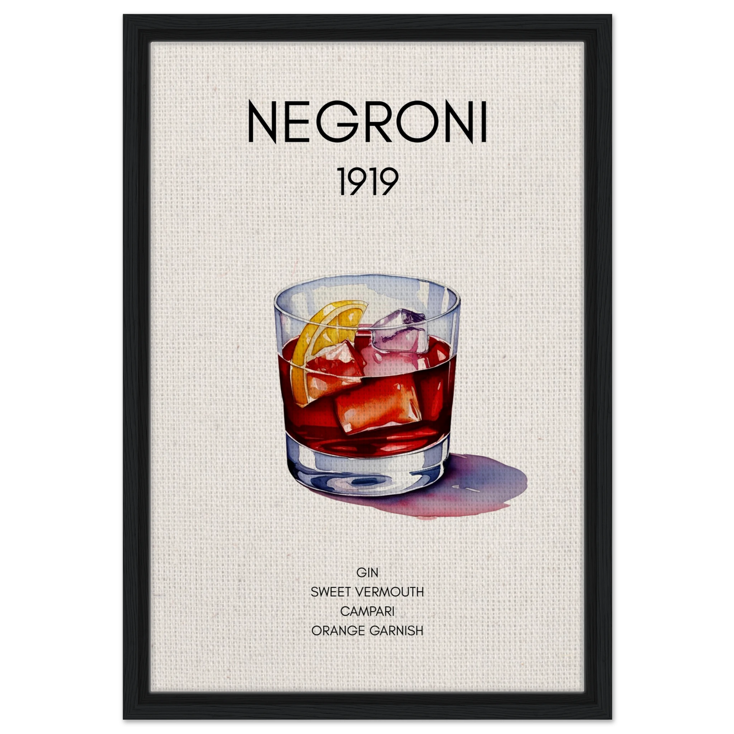Negroni Cocktail Bar Poster Print Black Wood Frame 40x60 cm 16x24″ Framed Canvas