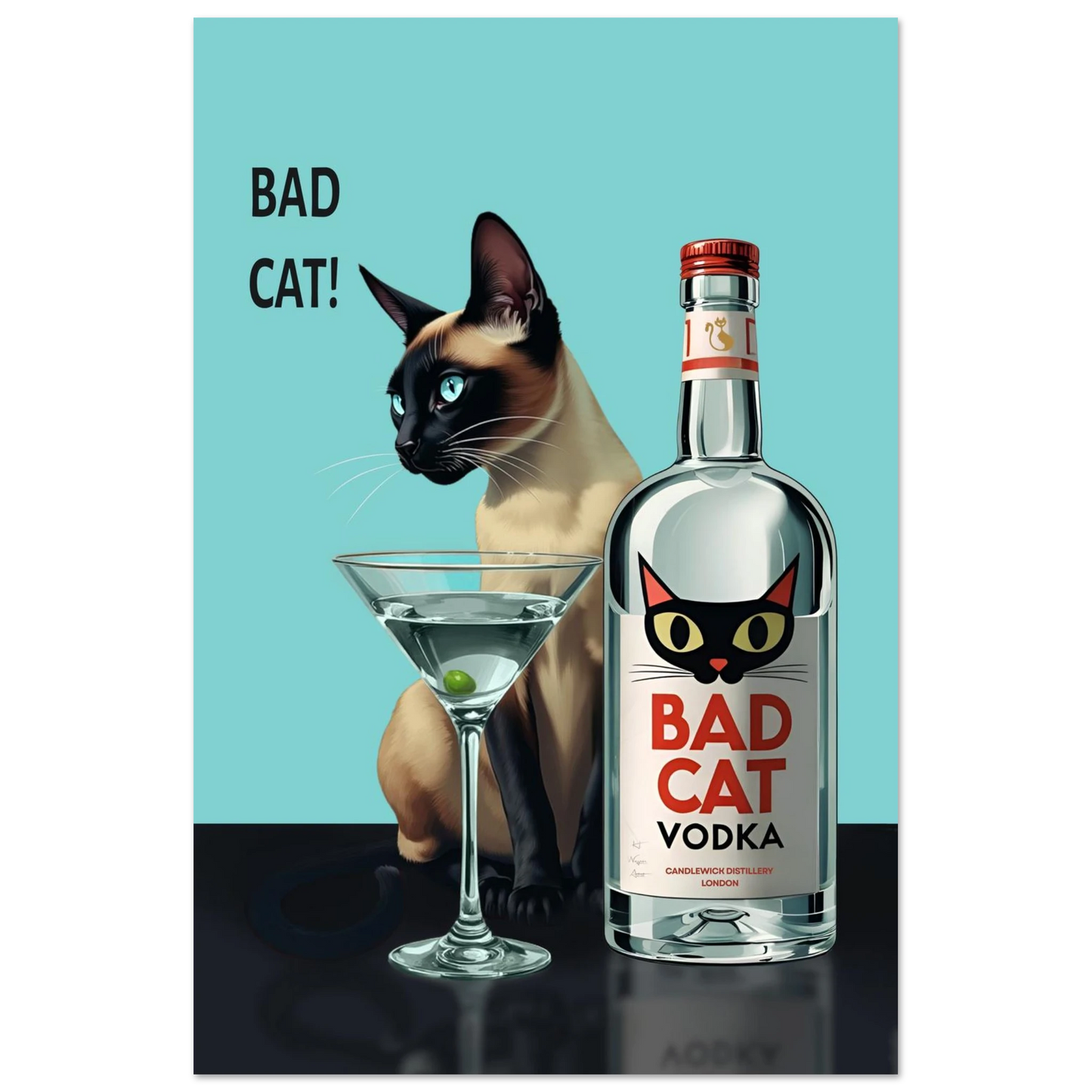 Siamese Cat Retro Martini Cocktail Bar Art Print White Wood Frame 60x90 cm 24x36″ Premium Matte Paper Wooden Framed Poster