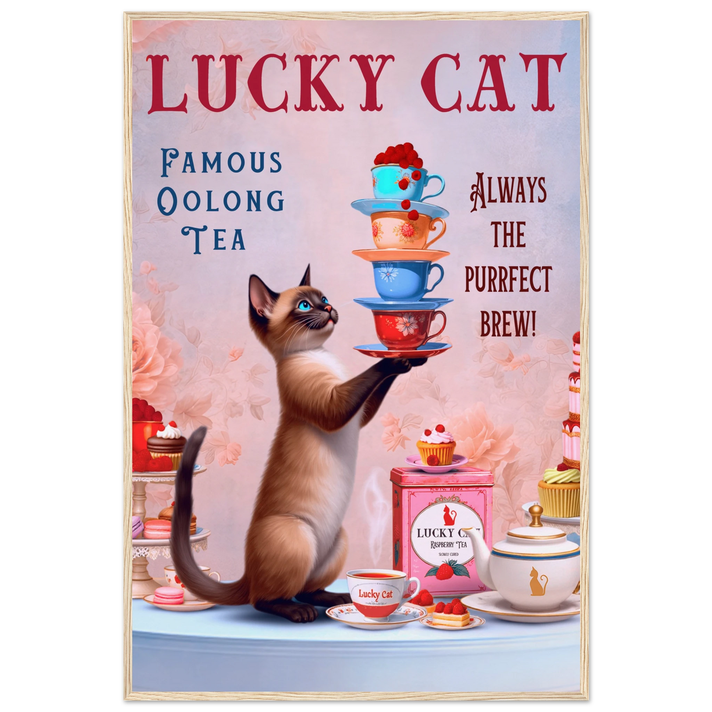 Siamese Lucky Cat Vintage Tea Art Print 60x90 cm 24x36″ Museum-Quality Matte Paper Wooden Framed Poster Light Wood Frame