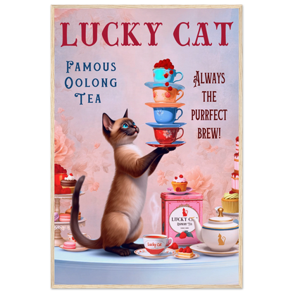 Siamese Lucky Cat Vintage Tea Art Print 60x90 cm 24x36″ Museum-Quality Matte Paper Wooden Framed Poster Light Wood Frame