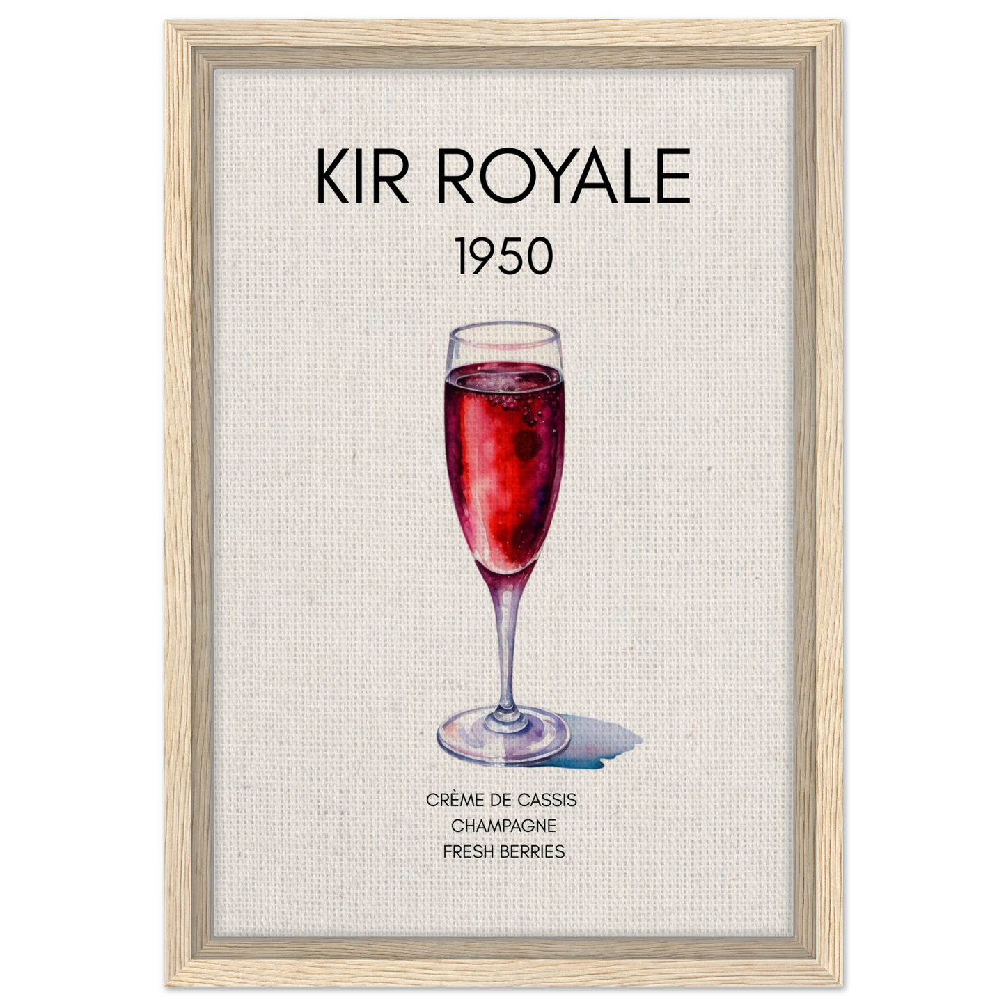 Kir Royale Champagne Cocktail Bar Poster Print Light Wood Frame 30x45 cm 12x18″ Framed Canvas
