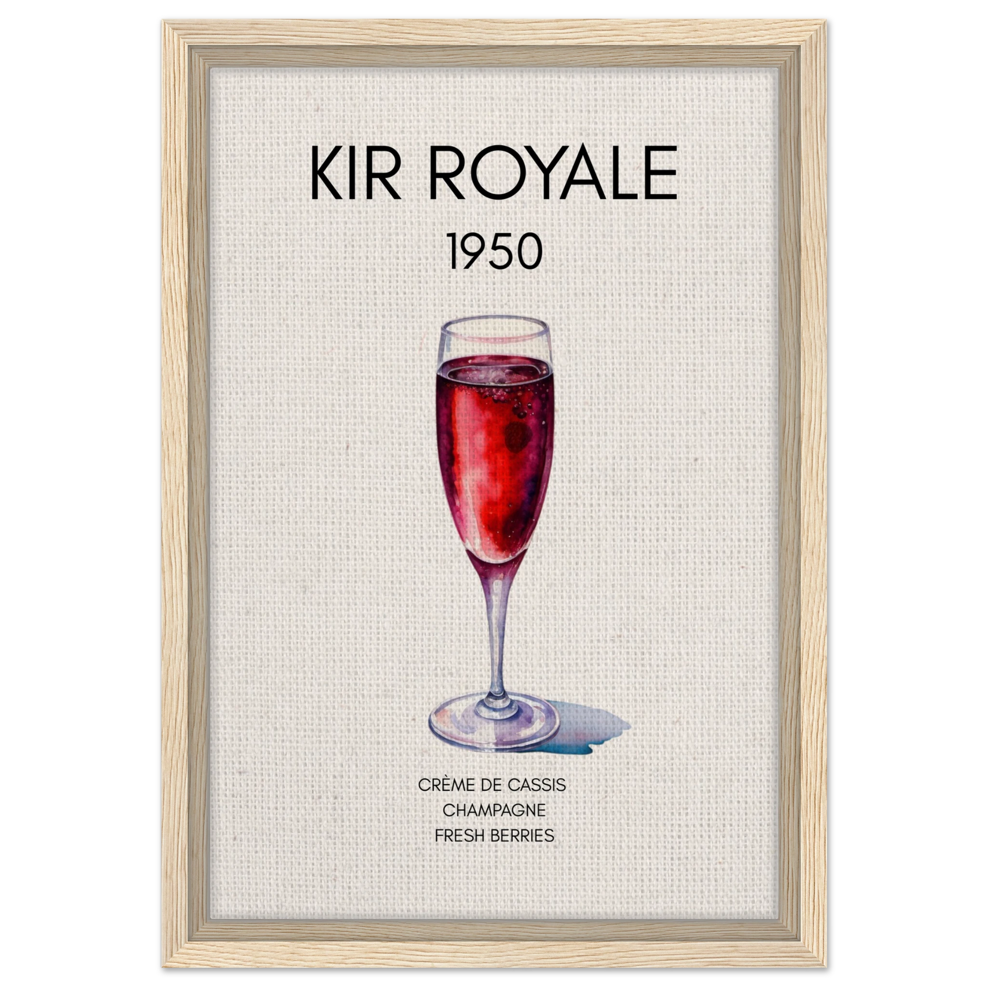 Kir Royale Champagne Cocktail Bar Art Print Light Wood Frame 30x45 cm 12x18″ Framed Canvas