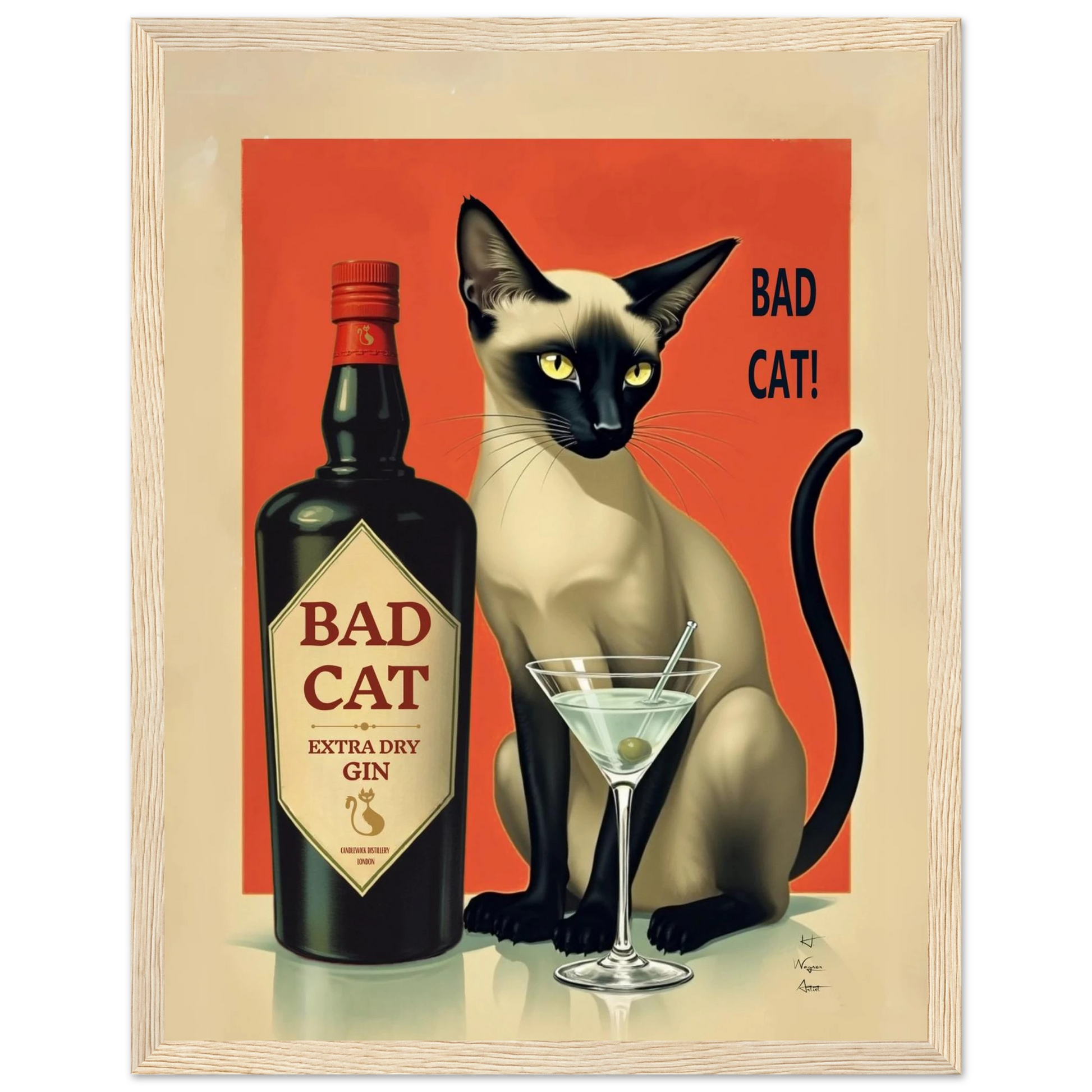 Siamese Cat Gin Martini Cocktail Art Print 27x35 cm 11x14″ Gallery Wrapped Canvas No Frame