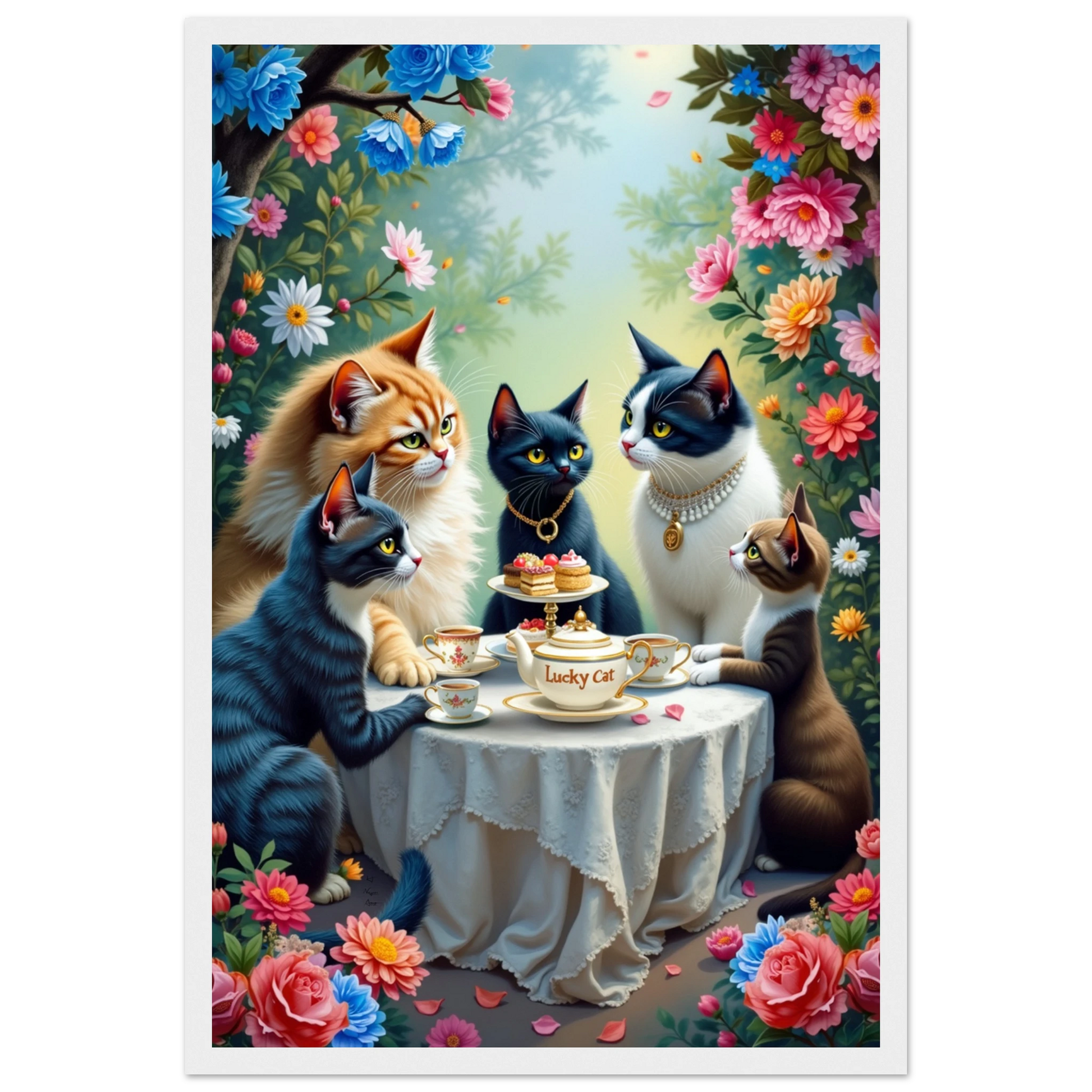 Lucky Cat Tea Party Botanical Art Print 30x45 cm 12x18″ Classic Matte Paper Wooden Framed Poster White Wood Frame