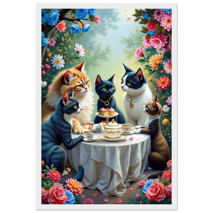 Lucky Cat Tea Party Botanical Art Print 30x45 cm 12x18″ Classic Matte Paper Wooden Framed Poster White Wood Frame