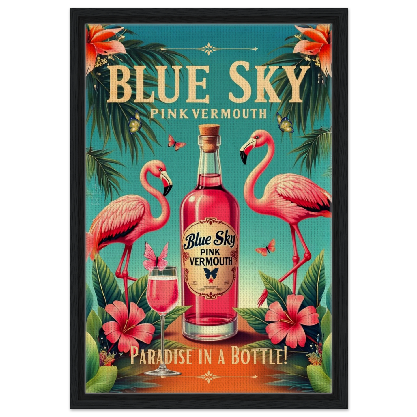 Vintage Pink Flamingo Tiki Bar Art Print 40x60 cm 16x24″ Framed Canvas Black Wood Frame