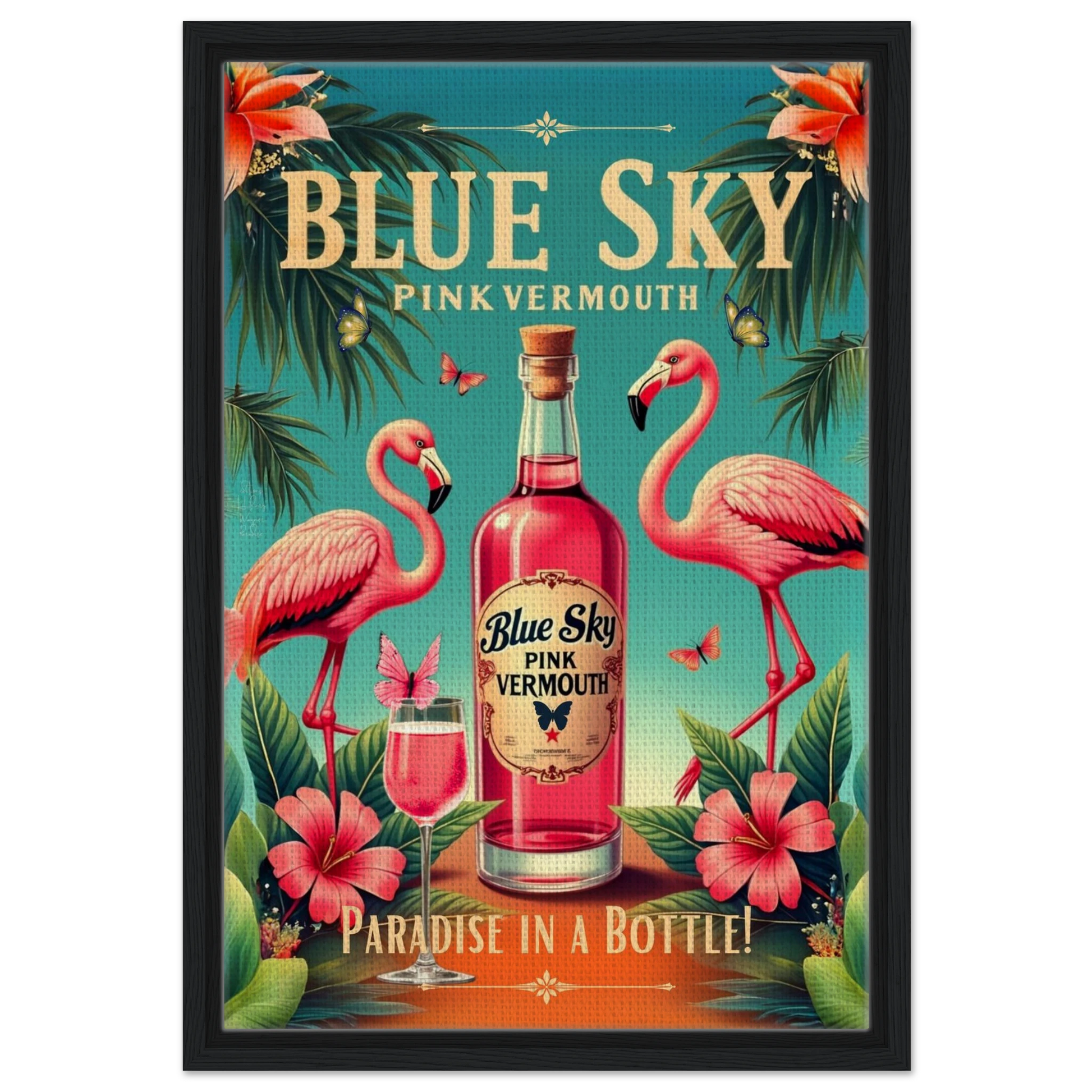 Vintage Pink Flamingo Tiki Bar Art Print 40x60 cm 16x24″ Framed Canvas Black Wood Frame