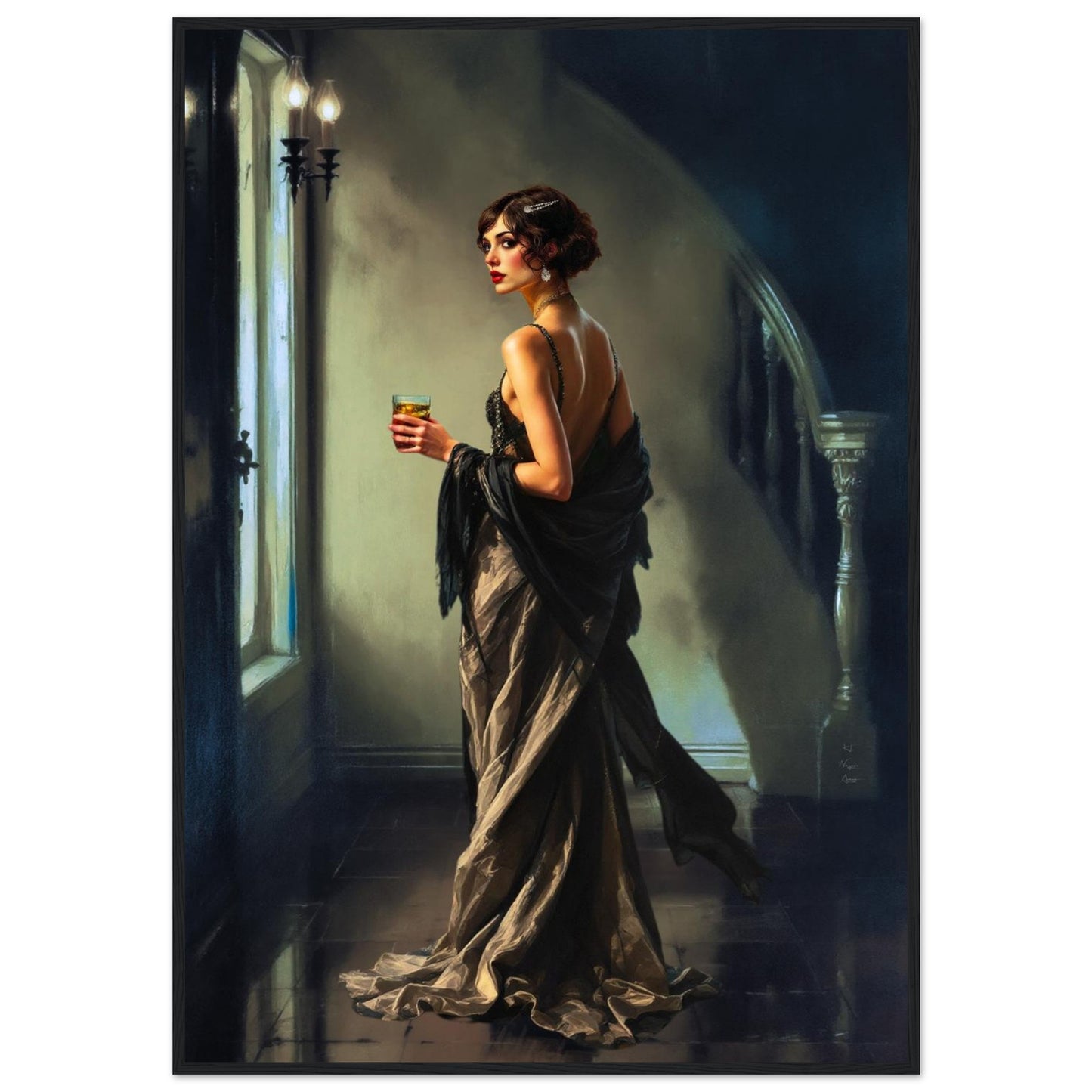 Art Deco Flapper Speakeasy Fine Art Print Black Wood Frame 70x100 cm 28x40″ Premium Matte Framed Poster