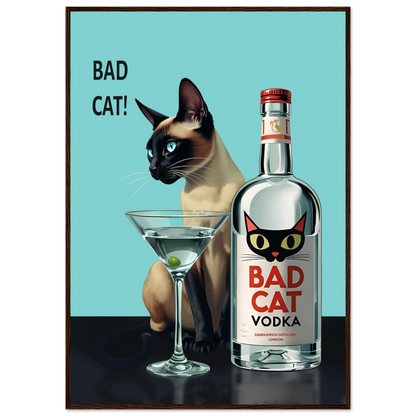 Siamese Cat Retro Martini Cocktail Bar Art Print Dark Brown Wood Frame 70x100 cm 28x40″ Premium Matte Paper Wooden Framed Poster