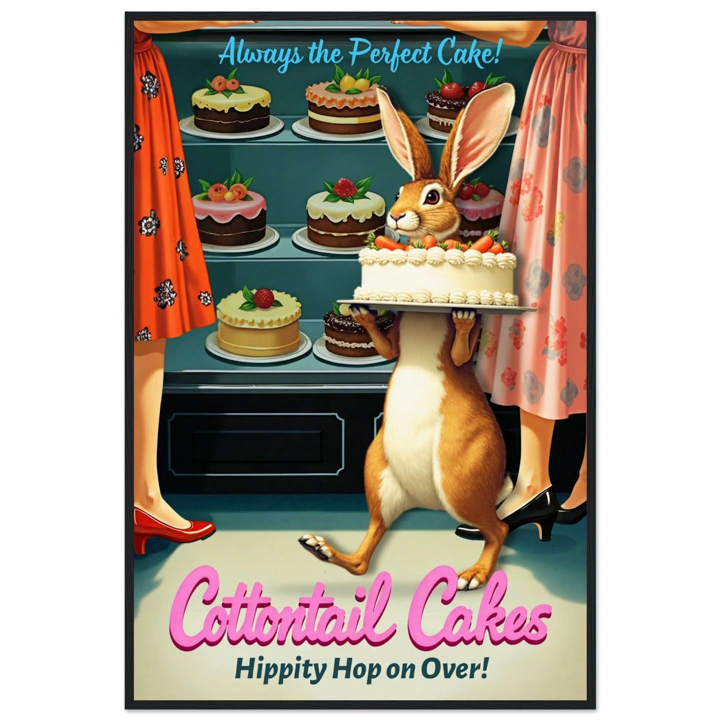 Cottontail Cakes 1950s Rabbit Art Print 60x90 cm 24x36″ Museum-Quality Matte Framed Poster - Black Wood