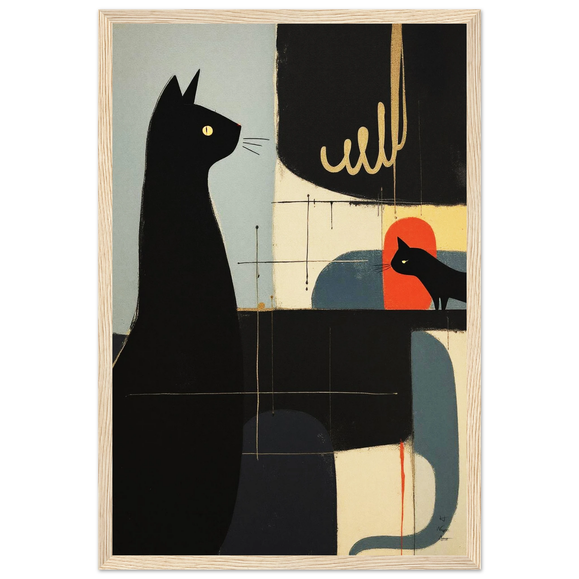 Abstract Cat & Kitten Modern Art Print Light Wood Frame 30x45 cm 12x18″ Premium Matte Framed Poster