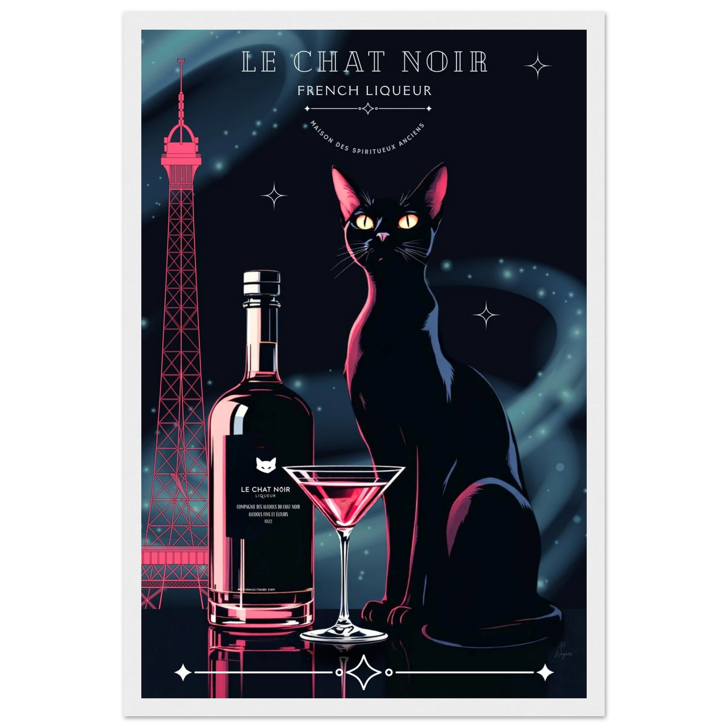 Art Deco Le Chat Noir French Black Cat Art Print 30x45 cm 12x18″ Premium Matte Paper Wooden Framed Poster White frame
