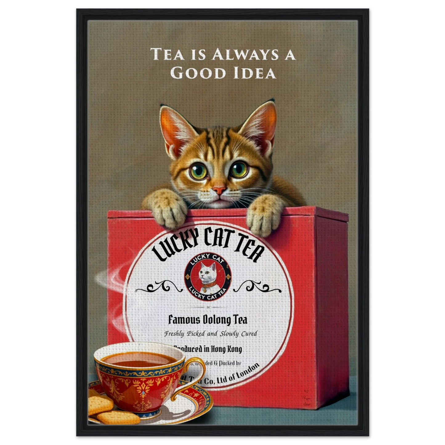 Lucky Cat Tea Vintage Kitchen Art Print Black Wood frame 60x90 cm 24x36″ Framed Canvas
