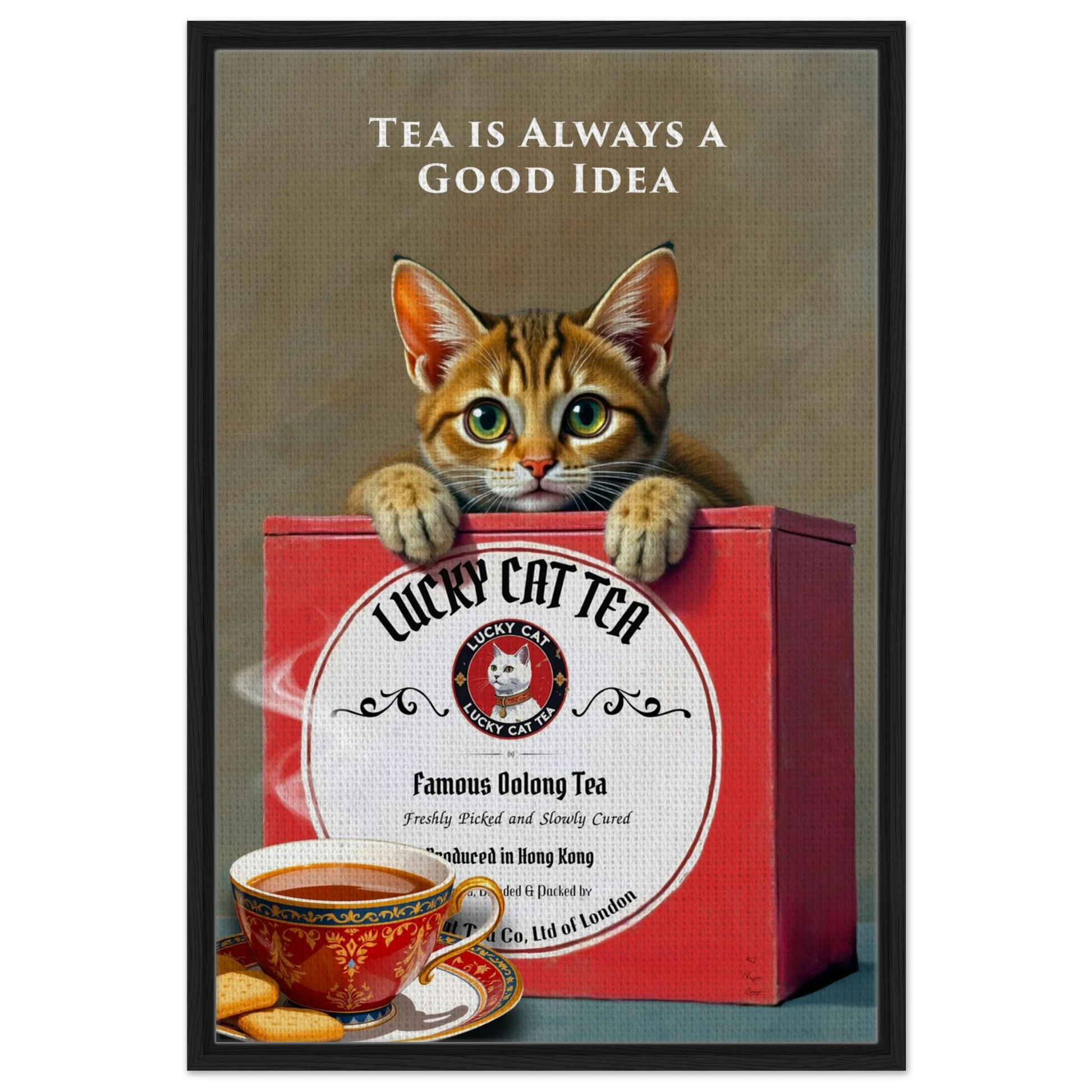 Tabby Lucky Cat Tea Vintage Kitchen Art Print Black Wood frame 60x90 cm 24x36″ Framed Canvas