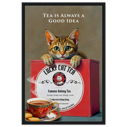 Tabby Lucky Cat Tea Vintage Kitchen Art Print Black Wood frame 60x90 cm 24x36″ Framed Canvas