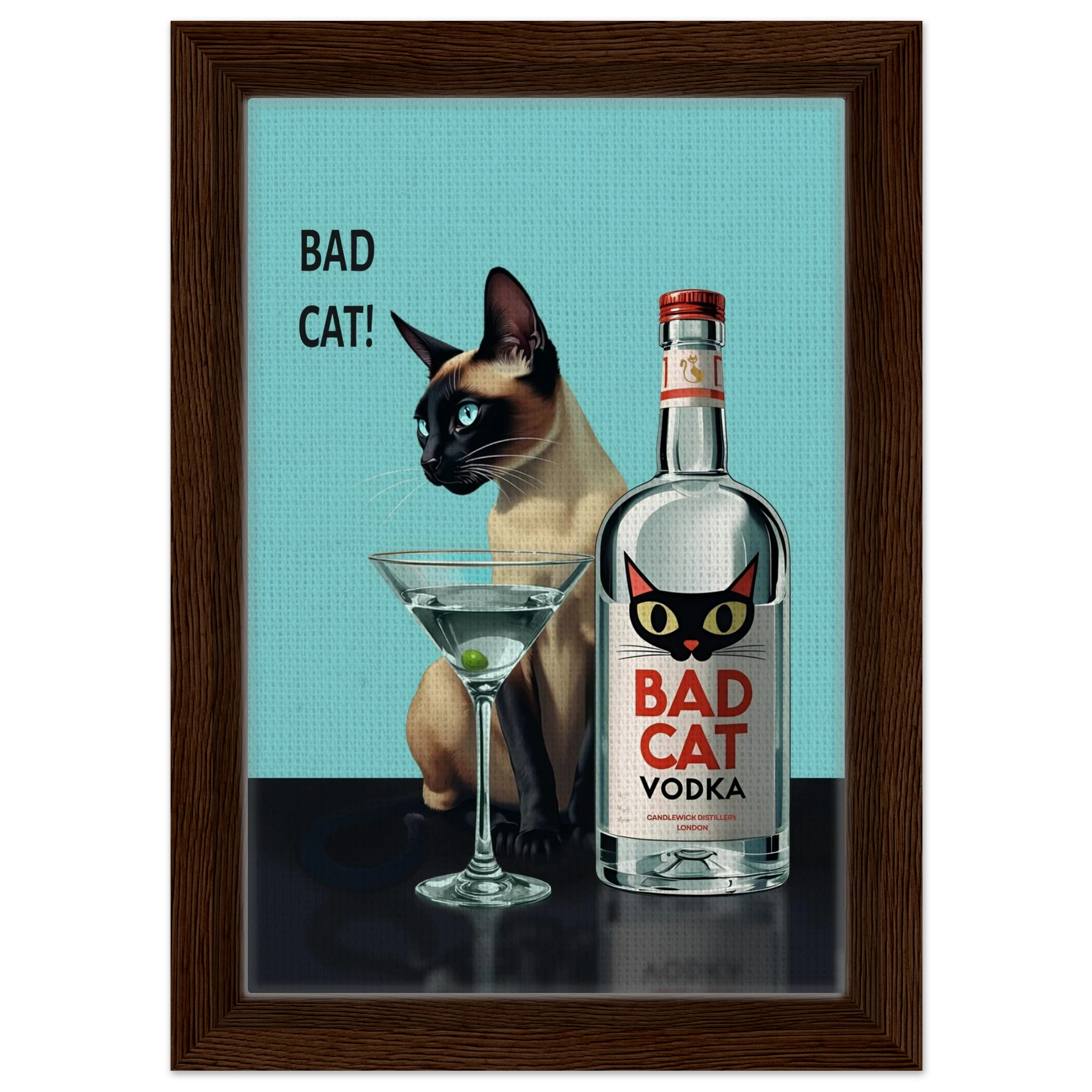 Siamese Cat Retro Martini Cocktail Bar Art Print Dark Brown Wood Frame 20x30 cm 8x12″ Framed Canvas