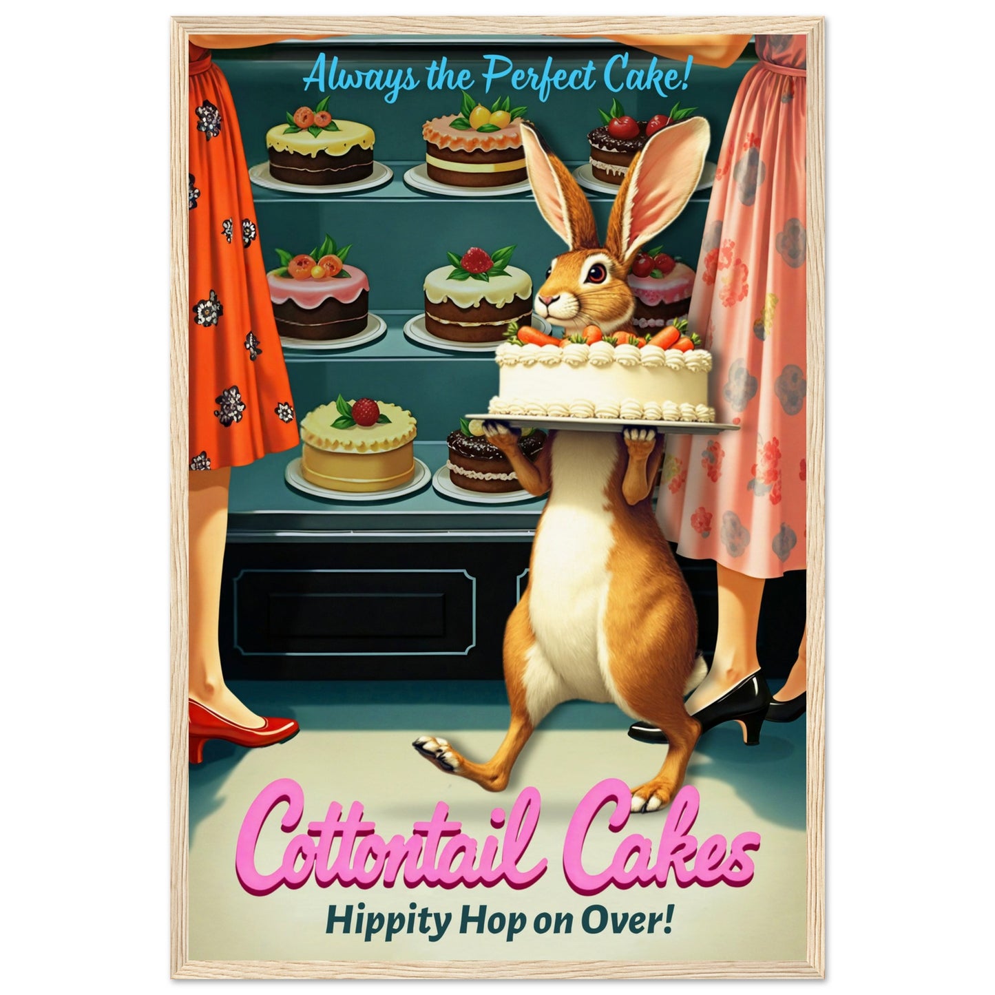 Cottontail Cakes 1950s Rabbit Art Print 40x60 cm 16x24″ Museum-Quality Matte Framed Poster - Light Wood