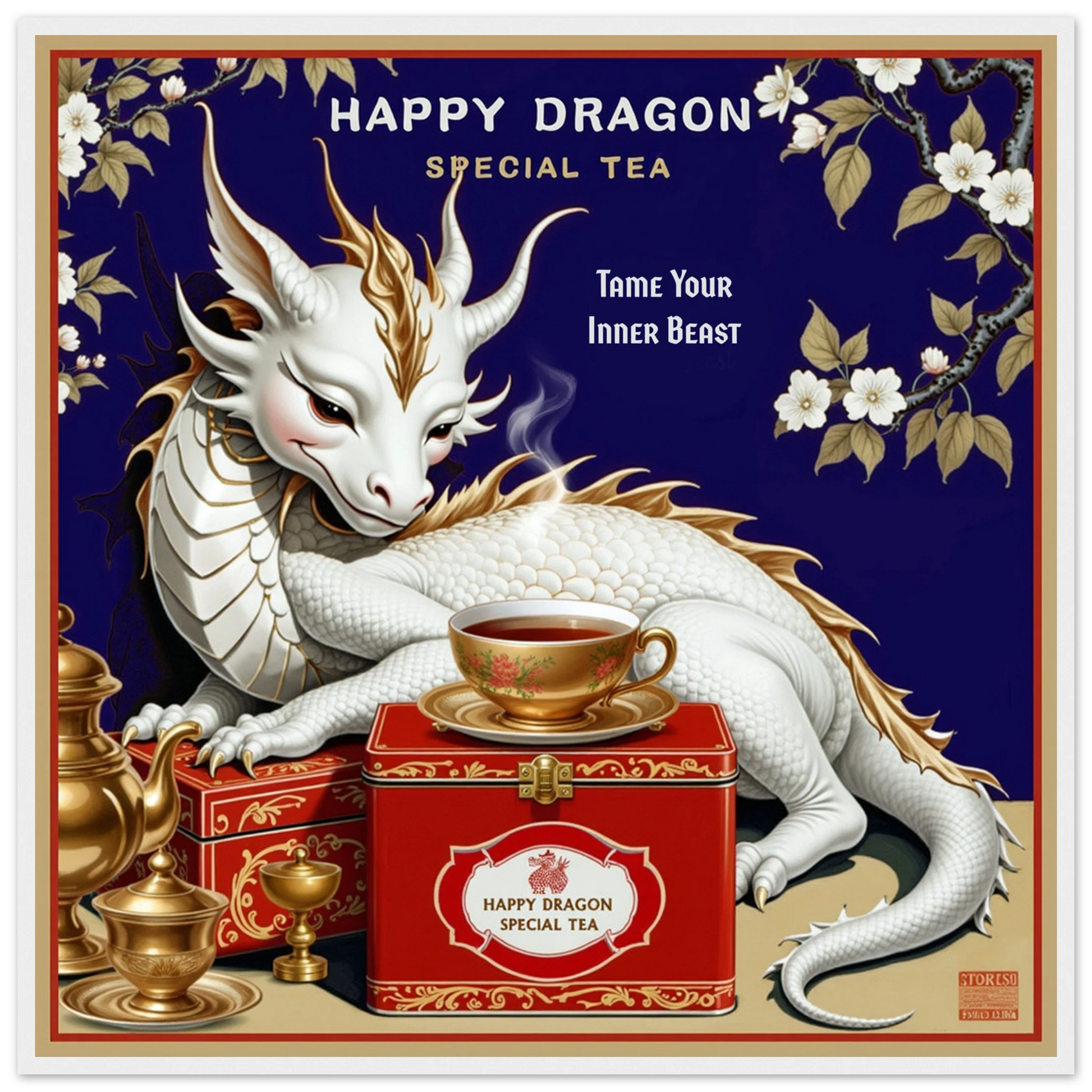 Happy Dragon Tea Art Print 70x70 cm 28x28″ Classic Matte Paper Wooden Framed Poster White Wood Frame