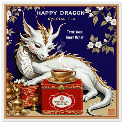 Happy Dragon Tea Art Print 70x70 cm 28x28″ Classic Matte Paper Wooden Framed Poster White Wood Frame