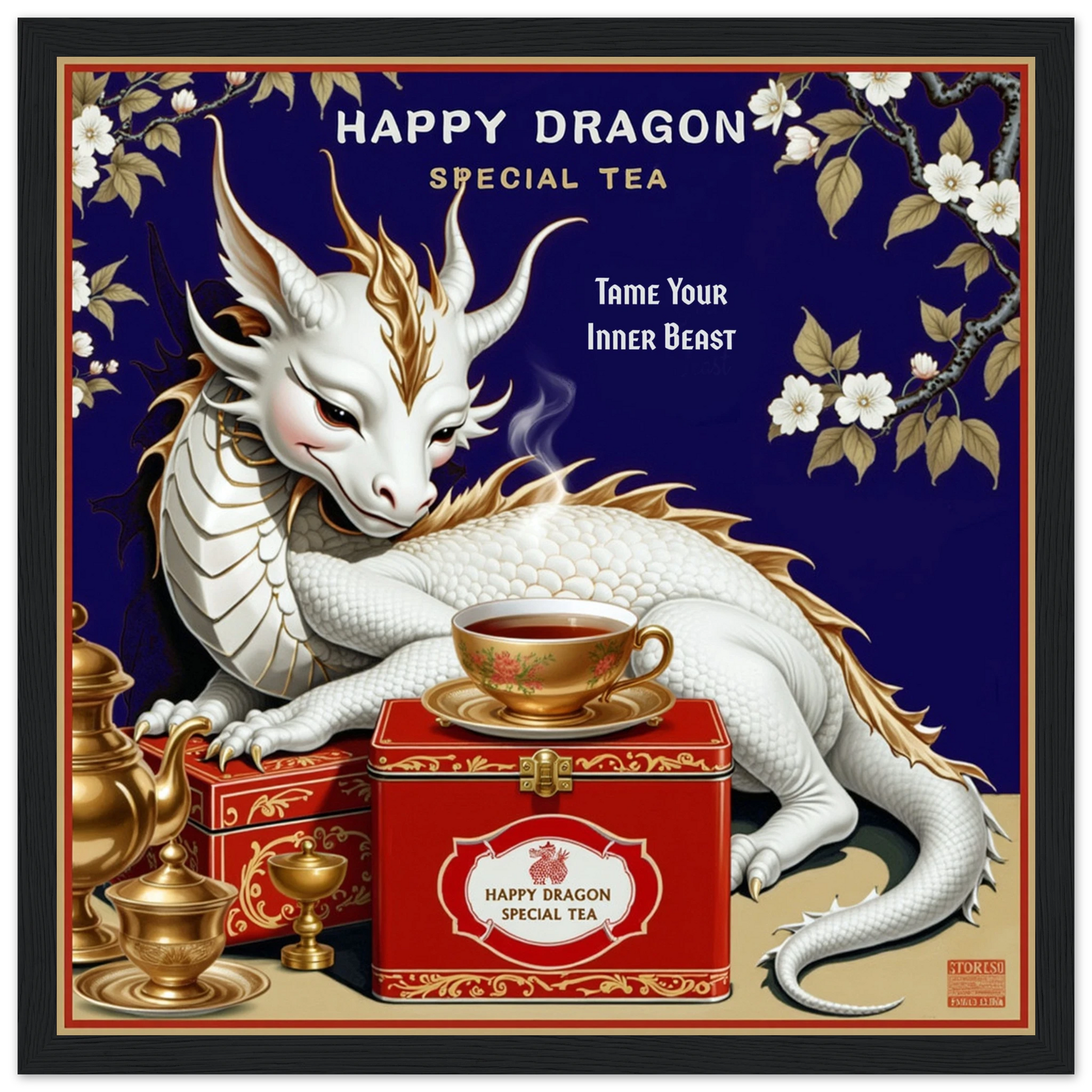 Happy Dragon Tea Art Print 30x30 cm 12x12″ Classic Matte Paper Wooden Framed Poster Black Wood Frame