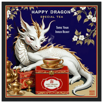 Happy Dragon Tea Art Print 30x30 cm 12x12″ Classic Matte Paper Wooden Framed Poster Black Wood Frame
