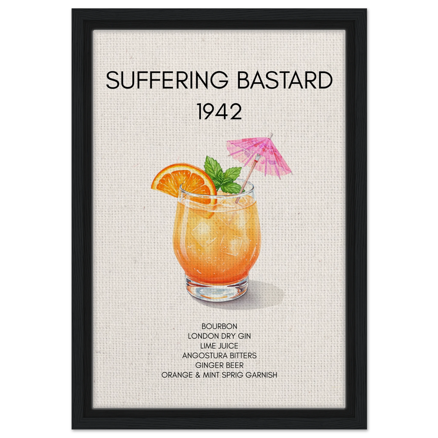 Suffering Bastard Tiki Cocktail Bar Poster Print Black Wood Frame 30x45 cm 12x18″ Framed Canvas